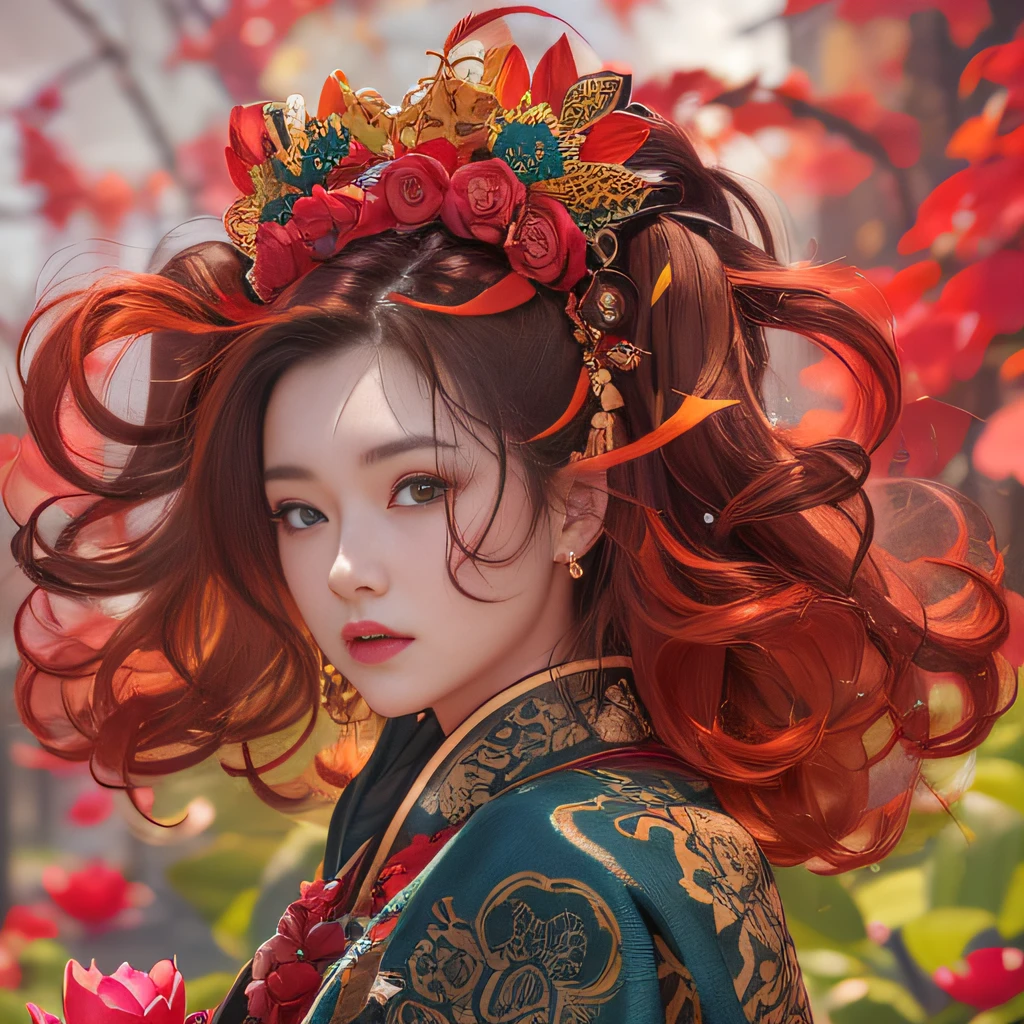 32K(tmasterpiece,k hd,hyper HD,32K)Flowy large curly hair,Flowing rouge,ponds,zydink, a color, Asian people (Silly girl), (Silk scarf), Combat posture, looking at the ground, Large rolls of rouge, Flowing rouge curls, Crocodile skin skull headdress, Chinese long-sleeved clothing, (abstract ink splash:1.2), Pink lotus background,Water lily flower protector(realisticlying:1.4),Rouge hair,Autumn is in full swing,The background is pure, A high resolution, the detail, RAW photogr, Sharp Re, Nikon D850 Film Stock Photo by Jefferies Lee 4 Kodak Portra 400 Camera F1.6 shots, Rich colors, ultra-realistic vivid textures, Dramatic lighting, Unreal Engine Art Station Trend, cinestir 800,Large curls,Flowing rouge