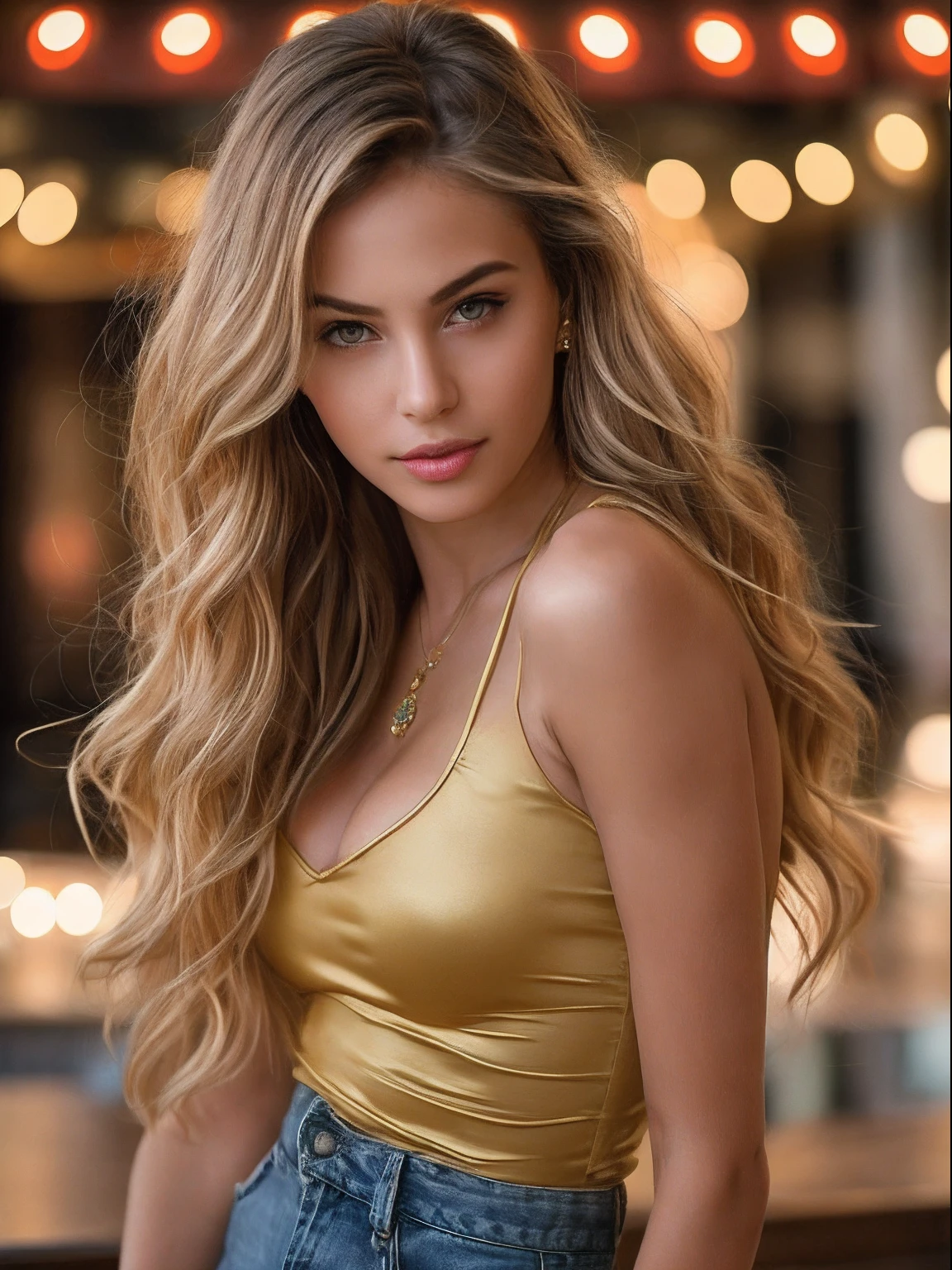 Raw photo, 20 years girl、Sexy Cute、perfectly proportions、Skeletal best、masterpiece、 high resolution、Farbe々Color、red blouse and jeans、Large cleavage、a beautiful italian girl (High detailed skin:1.2), standing、Bright lights in Positano、romantic、While looking at the camera、embarrassed from、Italian beauty of the world、Silvia、a blond、 Digital SLR, Soft lighting, High quality, FujifilmXT3、Film Lighting、Dramatic、Taken in arestuarant、Date with a photographer、Golden wavy hair flutters all over her body、A slight smil、Colossal tits 、European、Sexy and dramatic、Go clubbing after the restaurant、Away from the subject、Gaze at the whole body. Boudoir style photoshoot