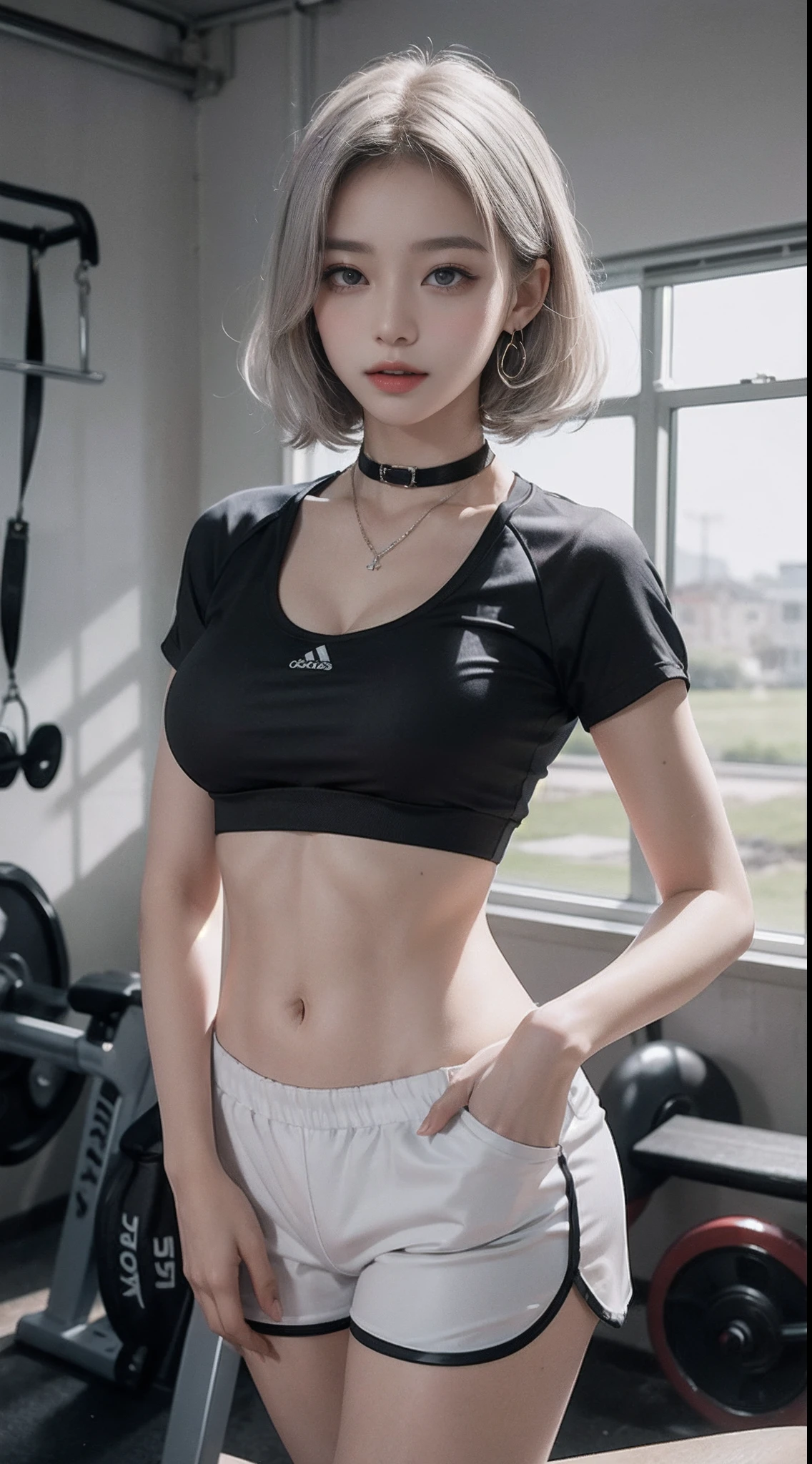 The highest image quality, RAW photogr, 超高分辨率, gently smiling, Korean, Big breasts, cleavage, Fair skin, Shiny white skin, a short bob, Light silver hair, Neatly match with bangs, Cropped T-shirt, track suit, running shorts, beautidful eyes, beautiful eyes of random colors, Very thin lips, beautiful eyes with details, Elongated eyes, pale pink cheeks, long eyelasher, beautiful double eyelid, eye shadows, Beautiful thin legs, Beautiful navel, Beautiful abs, Beautiful ribs, Earrings, choker necklace, Training room, gym