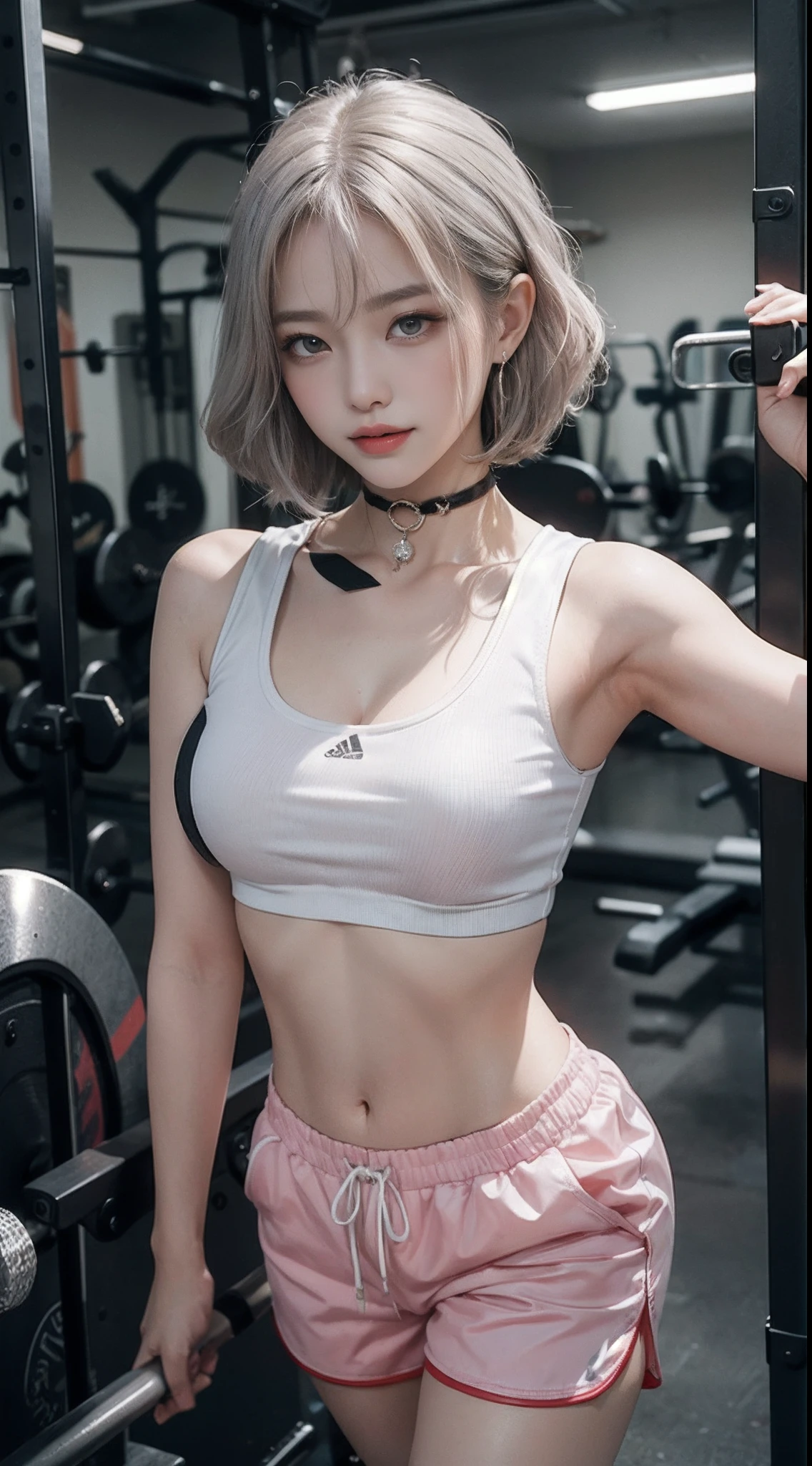 The highest image quality, RAW photogr, 超高分辨率, gently smiling, 16 years old Korean, Big breasts, cleavage, Fair skin, Shiny white skin, a short bob, Light silver hair, Neatly match with bangs, Cropped T-shirt, track suit, running shorts, beautidful eyes, beautiful eyes of random colors, Very thin lips, beautiful eyes with details, Elongated eyes, pale pink cheeks, long eyelasher, beautiful double eyelid, eye shadows, Beautiful thin legs, Beautiful navel, Beautiful abs, Beautiful ribs, Earrings, choker necklace, Training room, gym