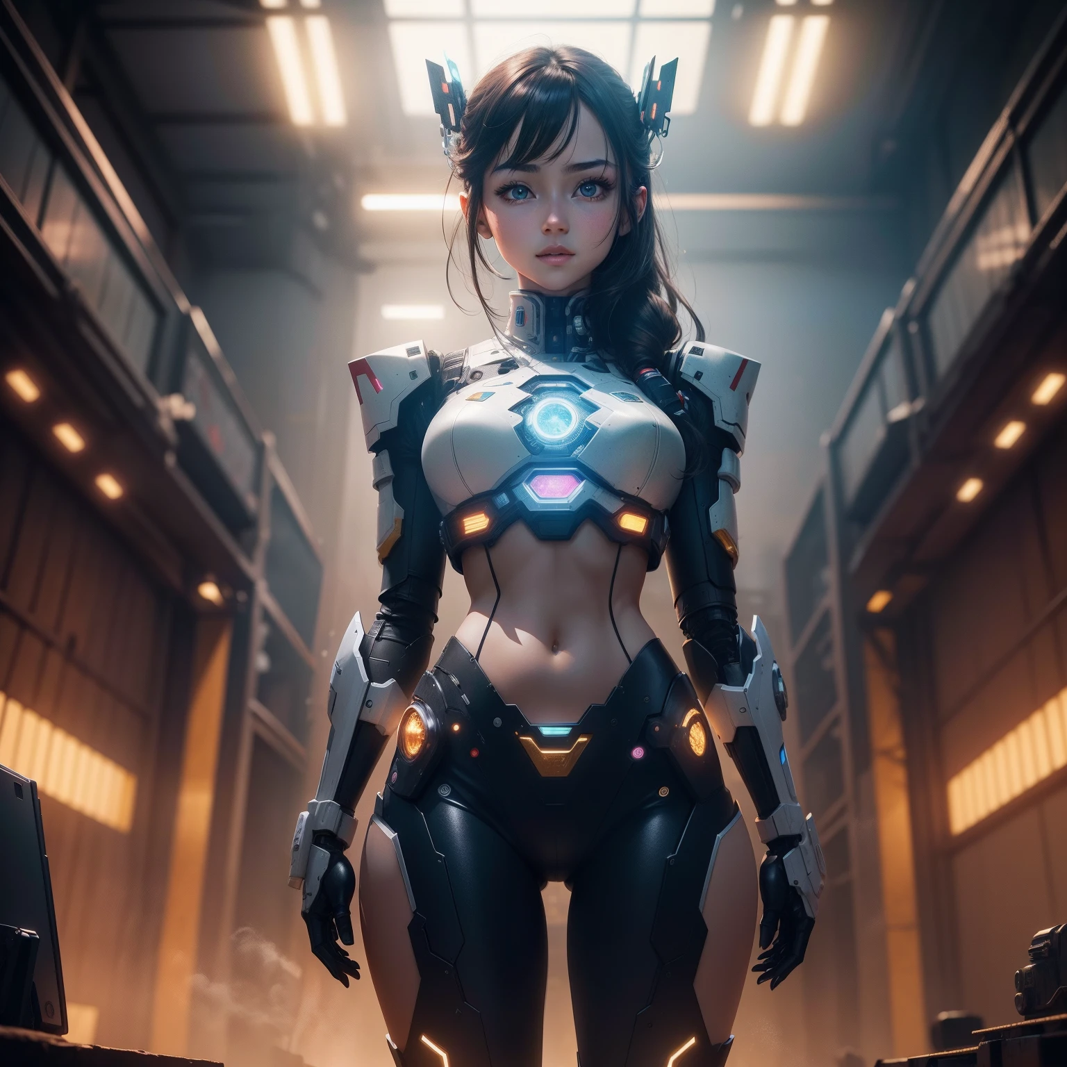 ((masterpiece, best quality)),illustration,ultra detailed 8k,photorealistic,sharp focus,highly detailed,professional lighting,colorful details,iridescent colors BREAK extreme long shot of a factory,large mechanical robot construction,microchip,computer,glowing,intricate details,shitu-mecha,1girl is standing in front of the audience,Navel