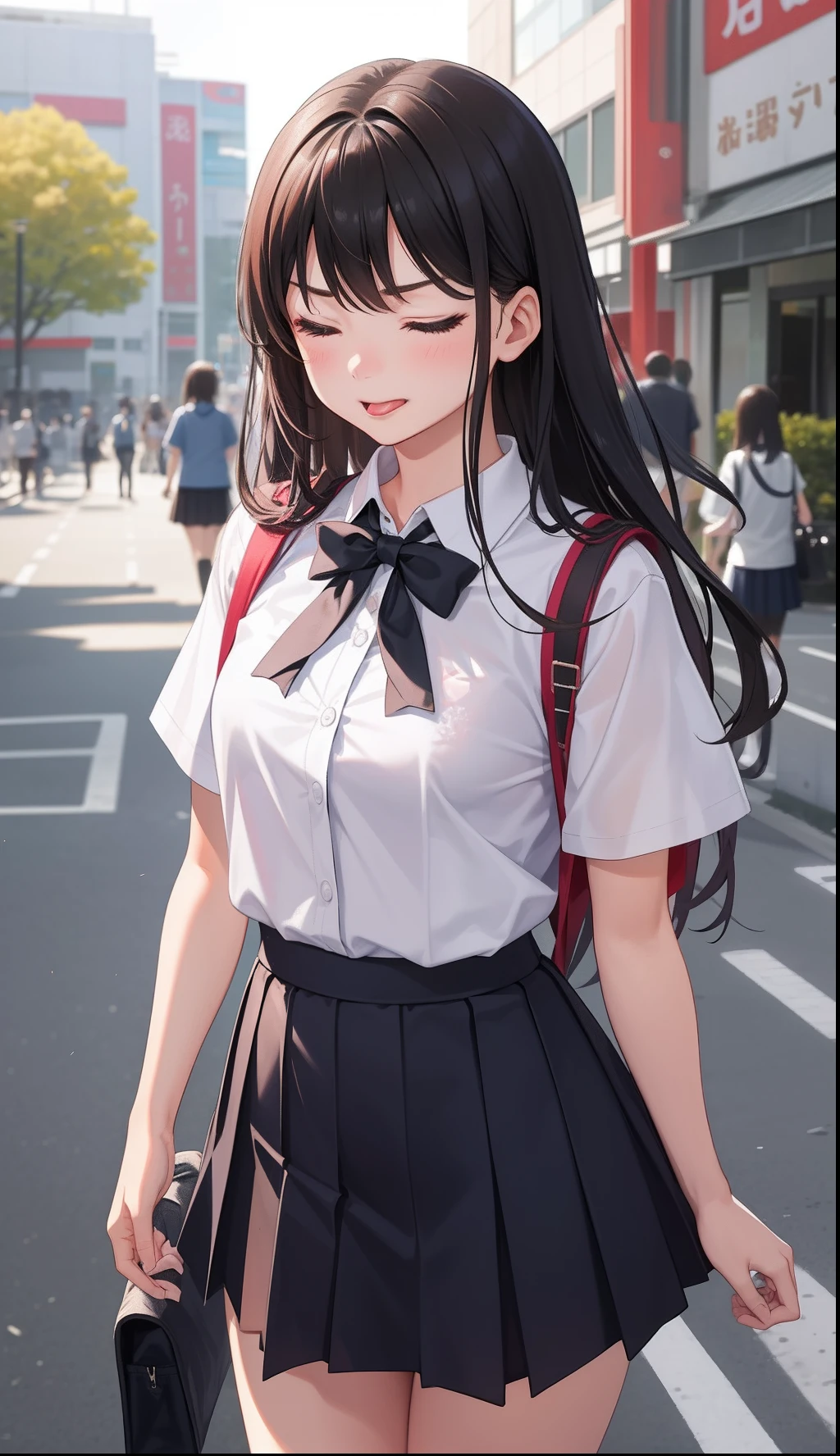 1girl in、AS-Adult、glad、But、Angry、eye closed、put out the tongue、The shirt、skirt by the、(small tits)Chilarism、Japan High School Student Uniform、serafuku、summer clothing、(Sheer Bra)、Upper body portrait、the wind、