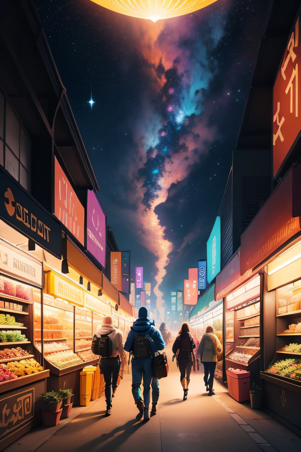 /imagine prompt: In a bustling spaceport on an alien planet, diverse species from across the galaxy interact, exotic flora and fauna showcased in vibrant markets, capturing the spirit of interstellar commerce and cultural exchange, Artwork, vibrant and colorful acrylic painting, --ar 16:9 --v 5