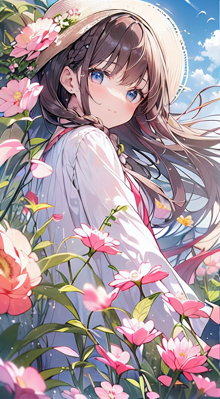 masutepiece, Best Quality,Illustration, Wallpaper, Ultra Detail, Absurd beauty、1 beautiful girl、 (Semi-long hair、short braided hair), Beautiful ultra-detailed eyes , Hair fluttering in the wind、Keep your head small、flower field、great outdoors、Landscape of the flower garden