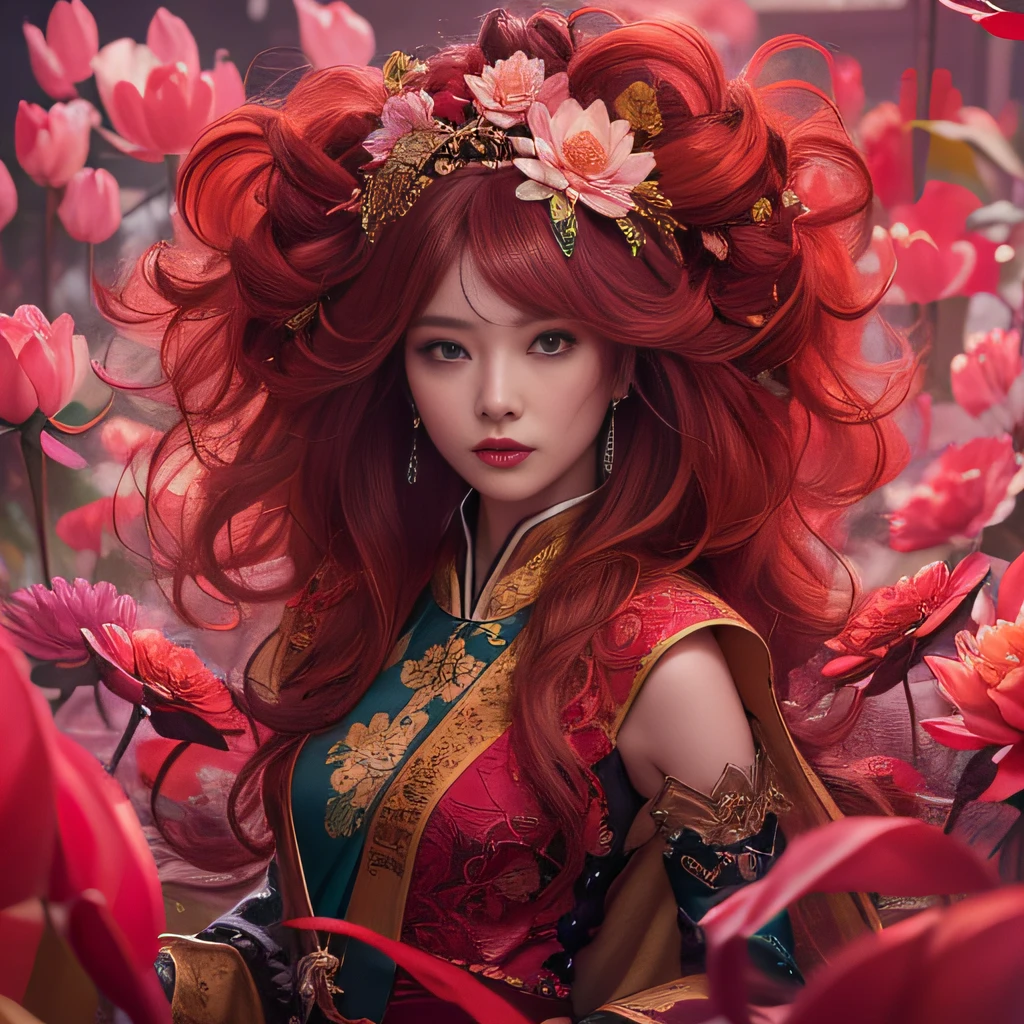 32K(tmasterpiece,k hd,hyper HD,32K)Flowy large curly hair,Flowing rouge,ponds,zydink, a color, Asian people (Silly girl), (Silk scarf), Combat posture, looking at the ground, Large rolls of rouge, Flowing rouge curls, Crocodile skin skull headdress, Chinese long-sleeved clothing, (abstract ink splash:1.2), Pink lotus background,Water lily flower protector(realisticlying:1.4),Rouge hair,Autumn is in full swing,The background is pure, A high resolution, the detail, RAW photogr, Sharp Re, Nikon D850 Film Stock Photo by Jefferies Lee 4 Kodak Portra 400 Camera F1.6 shots, Rich colors, ultra-realistic vivid textures, Dramatic lighting, Unreal Engine Art Station Trend, cinestir 800,Large curls,Flowing rouge