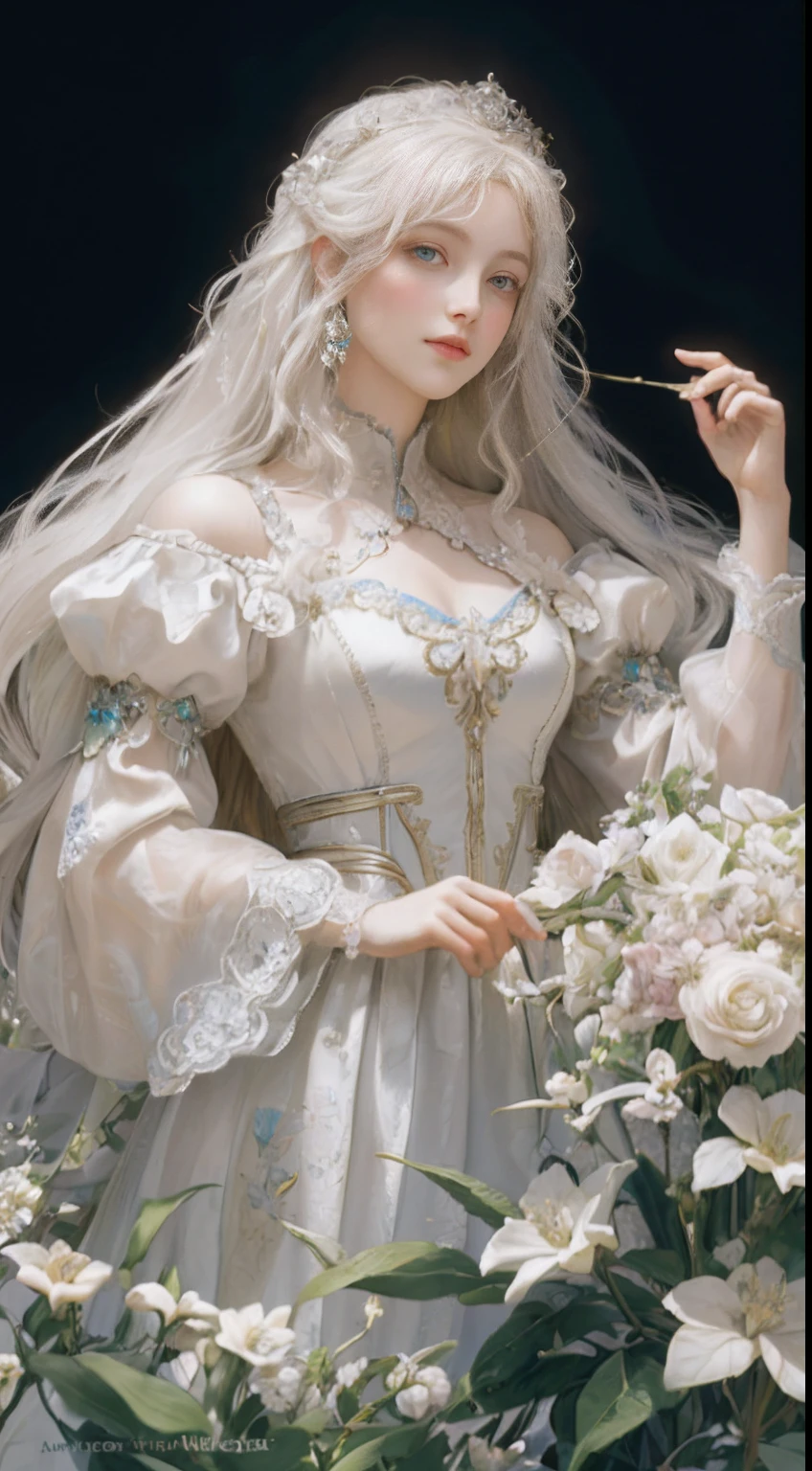 1girl, beautiful fantasy queen_delicate facial features, white dress, crown on head, lovely princess, gouache style art, 5d cg fantasy artwork, 8k high quality detailed art, intricate details, surreal, dreamy, soft lighting, warm color palette, elegant, majestic, realistic 8k photo, highly detailed, award winning, masterpiece, (highest quality, 4k, 8k, high resolution, masterpiece: 1.2, highly detailed: 1.37), outdoor background_sunny day, vivid nature, raw,