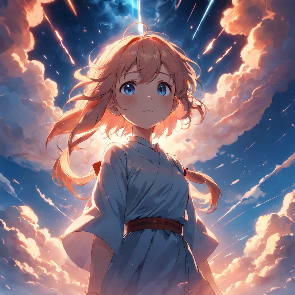 masterpiece, best quality, movie still, 1girl, cloud girl, floating in the sky, close-up, bright, happy, warm soft lighting, sunset, (sparks:0.7)