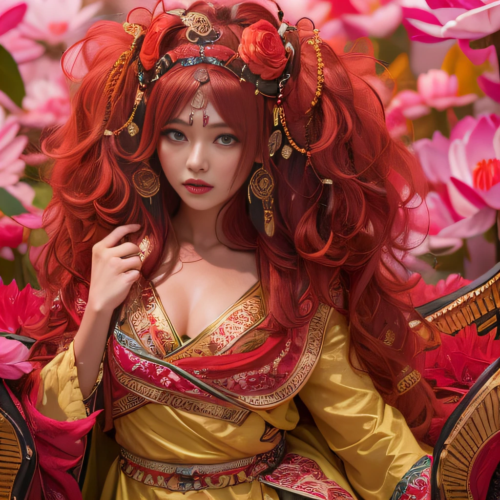 32K(tmasterpiece,k hd,hyper HD,32K)Flowy large curly hair,Flowing rouge,ponds,zydink, a color, Asian people (Silly girl), (Silk scarf), Combat posture, looking at the ground, Large rolls of rouge, Flowing rouge curls, Crocodile skin skull headdress, Chinese long-sleeved clothing, (abstract ink splash:1.2), Pink lotus background,Water lily flower protector(realisticlying:1.4),Rouge hair,Autumn is in full swing,The background is pure, A high resolution, the detail, RAW photogr, Sharp Re, Nikon D850 Film Stock Photo by Jefferies Lee 4 Kodak Portra 400 Camera F1.6 shots, Rich colors, ultra-realistic vivid textures, Dramatic lighting, Unreal Engine Art Station Trend, cinestir 800,Large curls,Flowing rouge