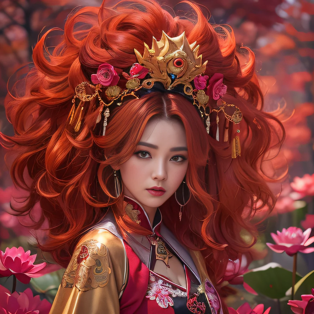 32K(tmasterpiece,k hd,hyper HD,32K)Flowy large curly hair,Flowing rouge,ponds,zydink, a color, Asian people (Silly girl), (Silk scarf), Combat posture, looking at the ground, Large rolls of rouge, Flowing rouge curls, Crocodile skin skull headdress, Chinese long-sleeved clothing, (abstract ink splash:1.2), Pink lotus background,Water lily flower protector(realisticlying:1.4),Rouge hair,Autumn is in full swing,The background is pure, A high resolution, the detail, RAW photogr, Sharp Re, Nikon D850 Film Stock Photo by Jefferies Lee 4 Kodak Portra 400 Camera F1.6 shots, Rich colors, ultra-realistic vivid textures, Dramatic lighting, Unreal Engine Art Station Trend, cinestir 800,Large curls,Flowing rouge