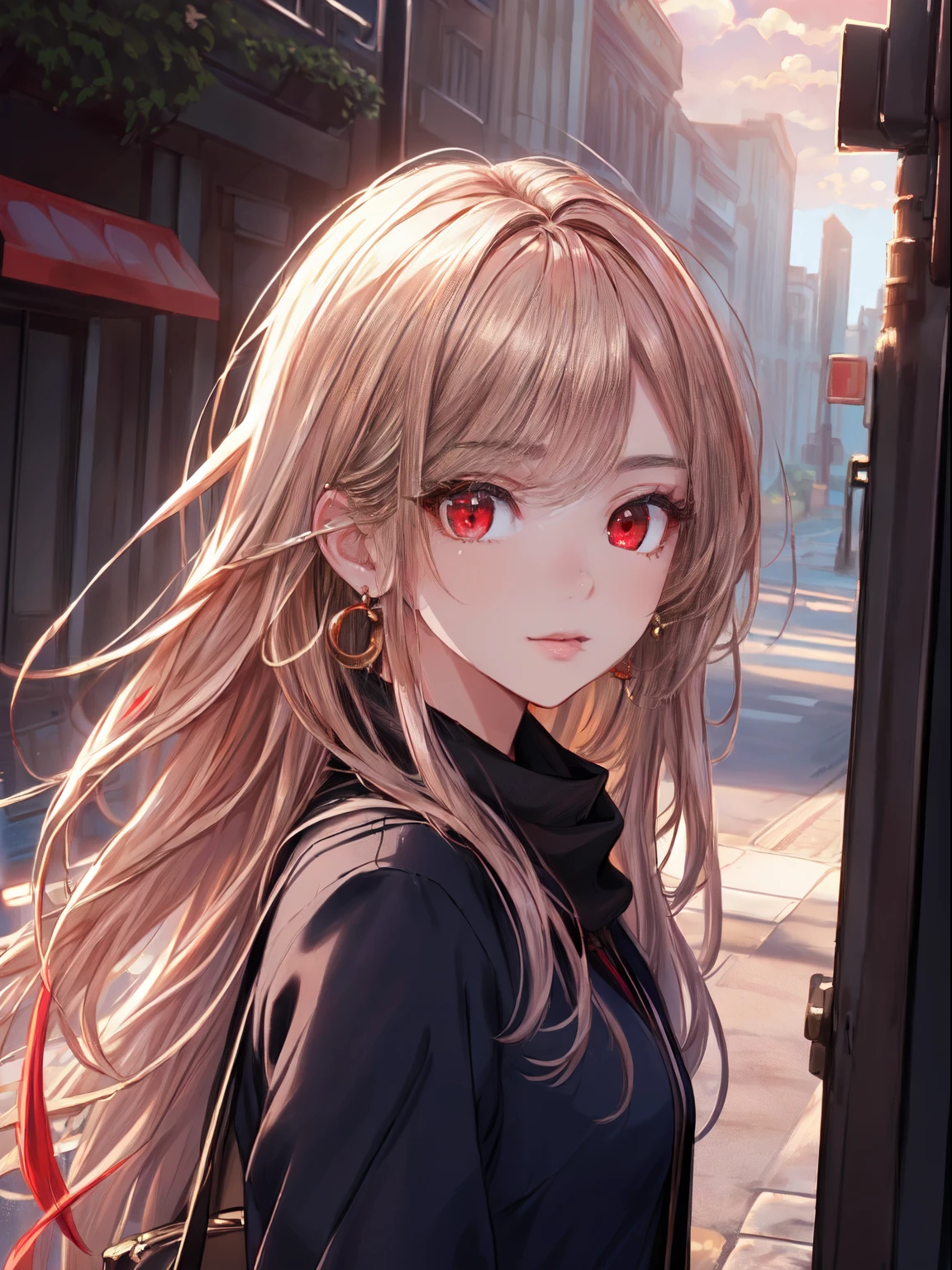 Anime girl with long hair and red eyes standing in front of a bus ...
