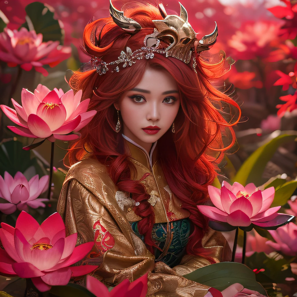 32K(tmasterpiece,k hd,hyper HD,32K)Flowy large curly hair,Flowing rouge,ponds,zydink, a color, Asian people (Silly girl), (Silk scarf), Combat posture, looking at the ground, Large rolls of rouge, Flowing rouge curls, Crocodile skin skull headdress, Chinese long-sleeved clothing, (abstract ink splash:1.2), Pink lotus background,Water lily flower protector(realisticlying:1.4),Rouge hair,Autumn is in full swing,The background is pure, A high resolution, the detail, RAW photogr, Sharp Re, Nikon D850 Film Stock Photo by Jefferies Lee 4 Kodak Portra 400 Camera F1.6 shots, Rich colors, ultra-realistic vivid textures, Dramatic lighting, Unreal Engine Art Station Trend, cinestir 800,Large curls,Flowing rouge