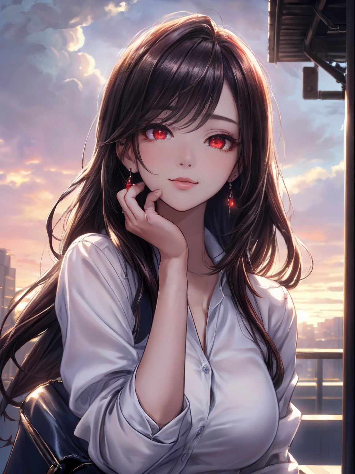 ((masterpiece, best quality, high resolution, illustration1.3, ultra 8k,)), 1girl, ((detailed body)) ((attractive face)) ((long nose)) (sharp eyes) (fantasy) (((red eyes))) ,soft skin, outdoor, office clothes, office manager clothes,, fantasy cloud, cloudy background, detailed body, long hair, detailed eyes, ((detailed shadow)), lighting, detailed, focus, earrings, hand detailed