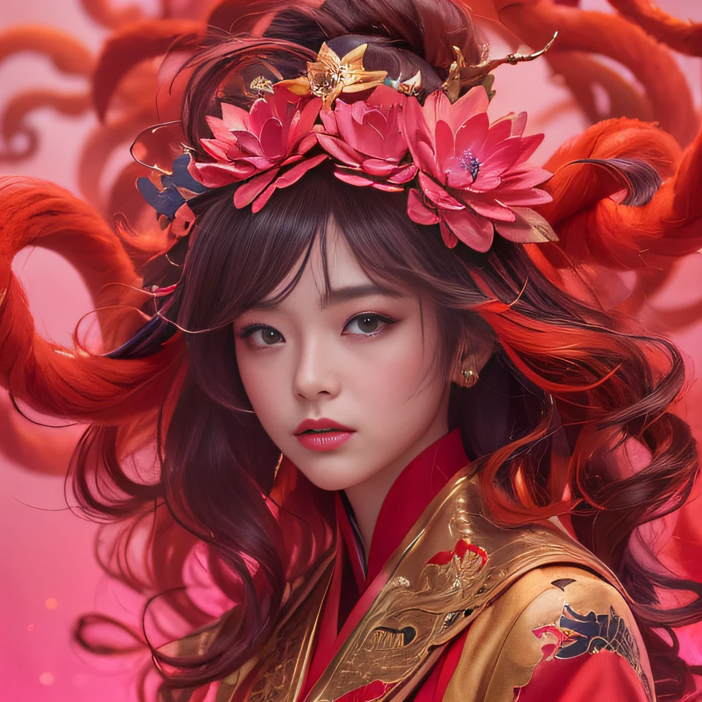 32K（tmasterpiece，k hd，hyper HD，32K）Flowy large curly hair，Flowing rouge，ponds，zydink， a color，  Asian people （Silly girl）， （Silk scarf）， Combat posture， looking at the ground， Large rolls of rouge， Flowing rouge curls， Crocodile skin skull headdress， Chinese long-sleeved clothing， （abstract ink splash：1.2）， Pink lotus background，Water lily flower protector（realisticlying：1.4），Rouge hair，Autumn is in full swing，The background is pure， A high resolution， the detail， RAW photogr， Sharp Re， Nikon D850 Film Stock Photo by Jefferies Lee 4 Kodak Portra 400 Camera F1.6 shots, Rich colors, ultra-realistic vivid textures, Dramatic lighting, Unreal Engine Art Station Trend, cinestir 800，Large curls，Flowing rouge