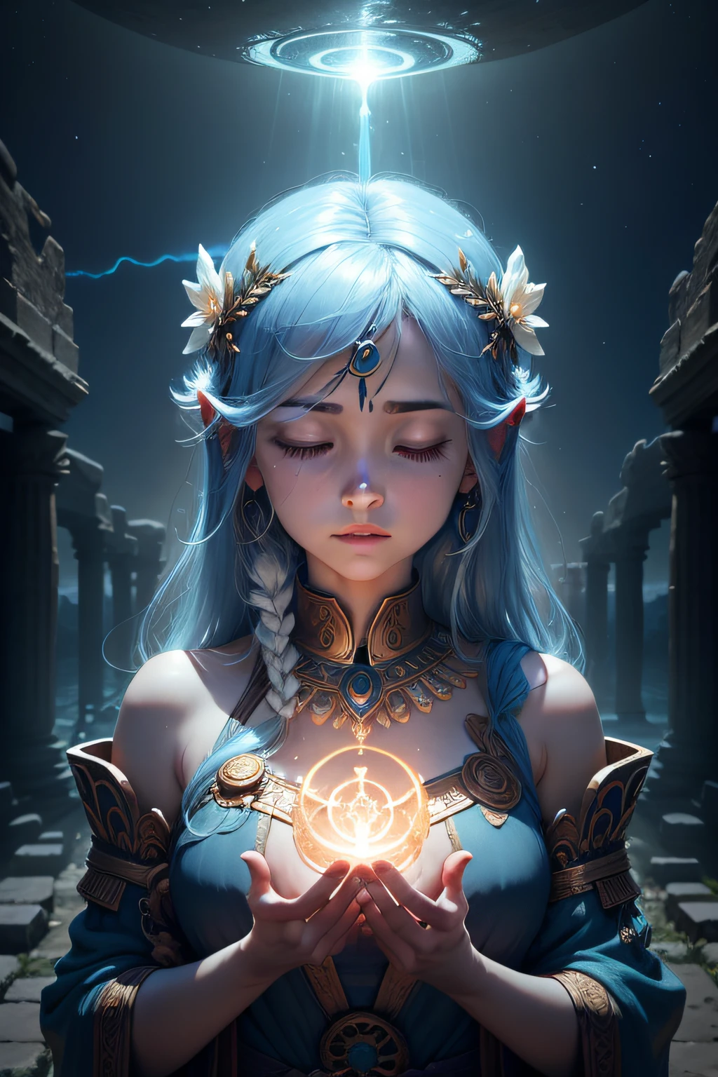 /Imagine prompt: Amongst ancient floating ruins in the sky, a celestial oracle meditates, their mind connected to cosmic energies, offering glimpses into past and future, a scene of mystery and cosmic wisdom, 3D, surreal rendering with translucent effects, --ar 16:9 --v 5