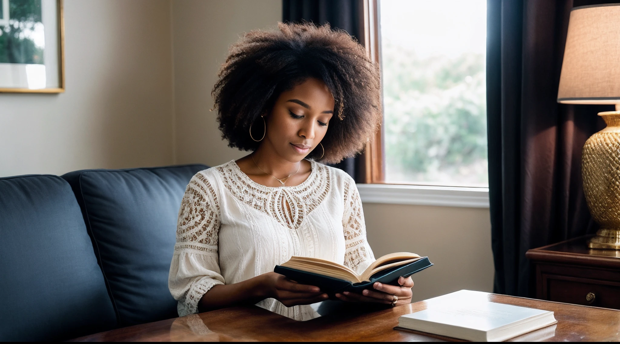 instagram photo, The elegance of a afro american woman's hands delicately turning the pages of a book, each gesture a reflection of her connection to the written word, Sony A7R III with 50mm f/1.8 lens, diffused window light, storytelling photography.