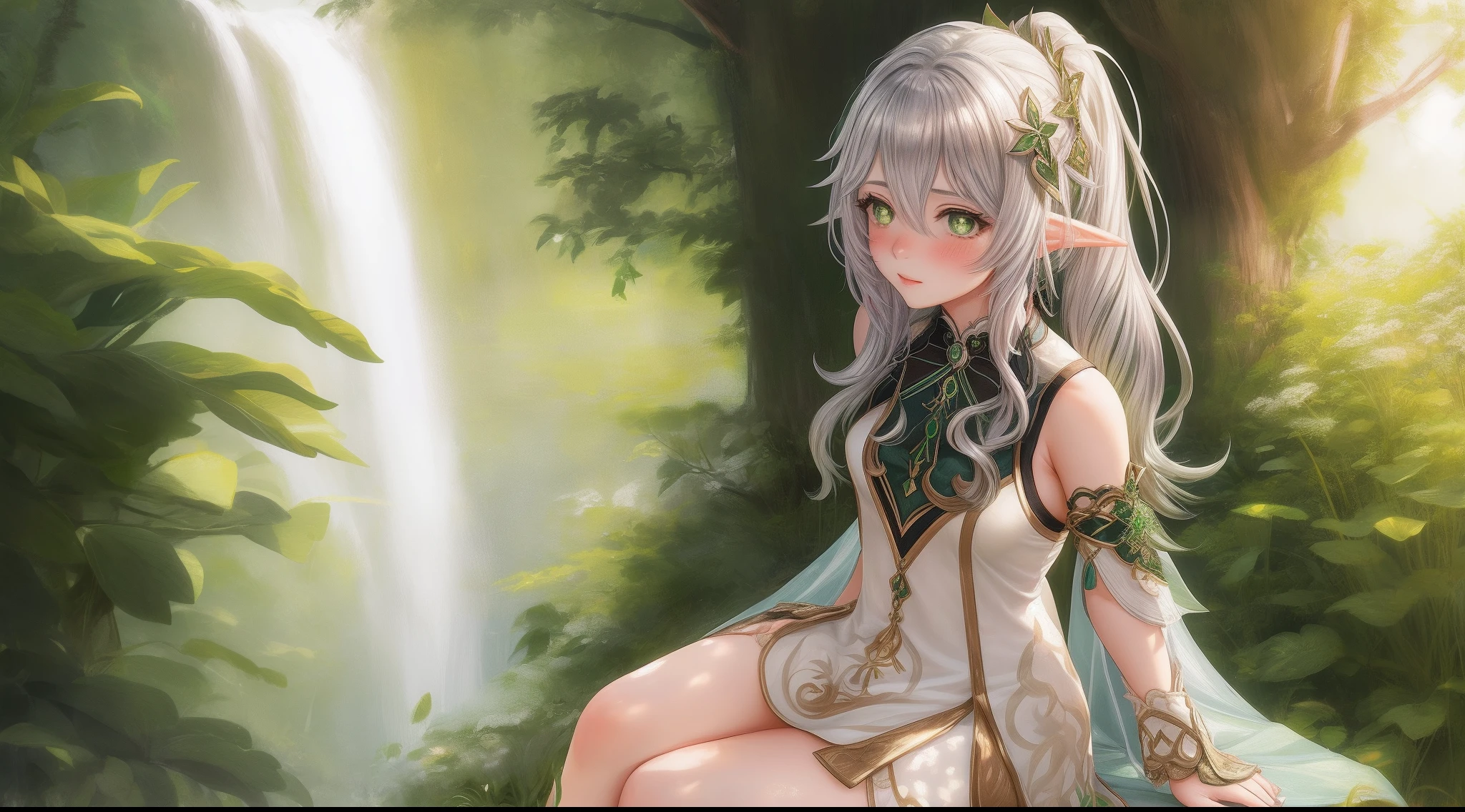(masterpiece),(best quality),(extremely detailed),1girl, anime style, white long hair with ponytail style, green eyes, elf ears, green white dress, teen body, cute  face, Nahida (genshin impact), without clothes, seen niples, big butt, at pool, ilustration