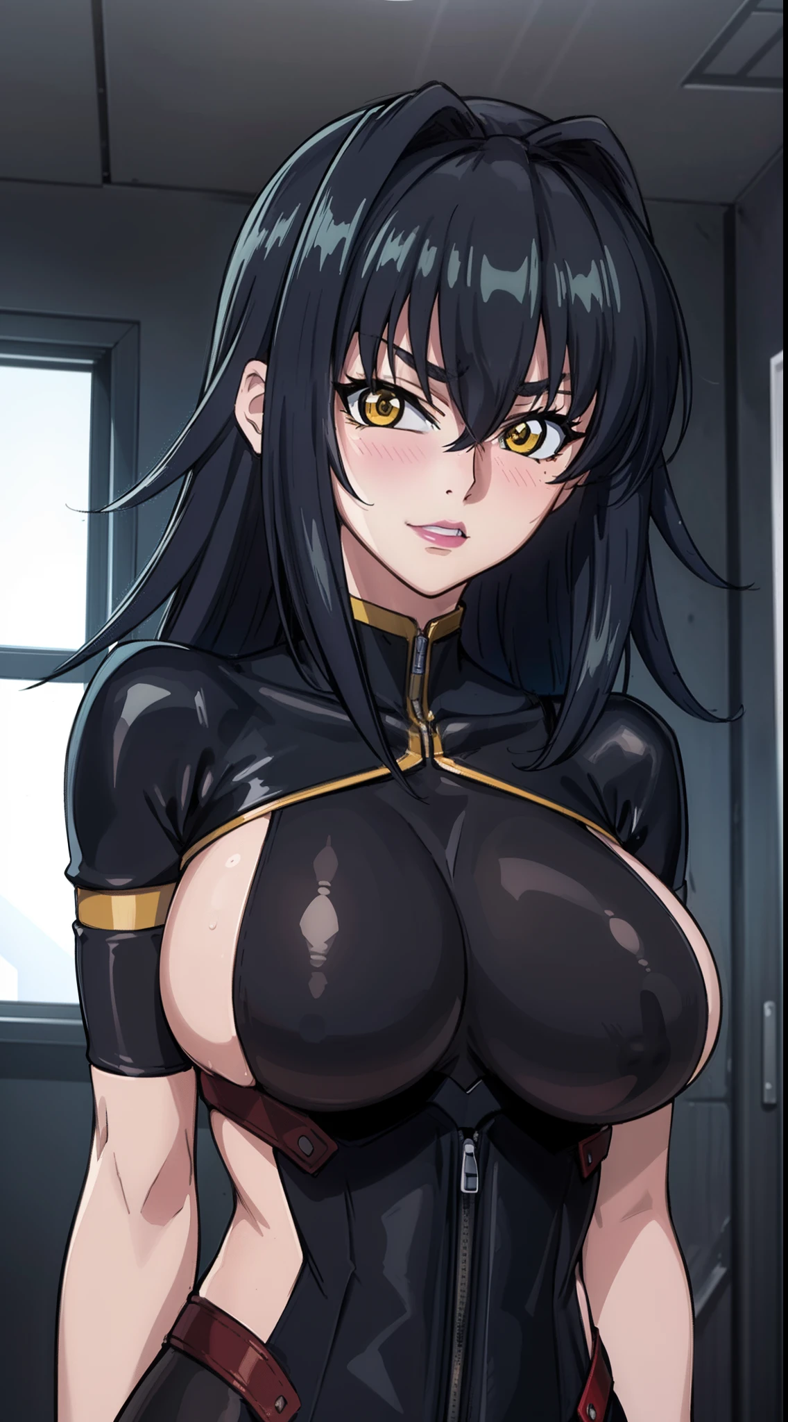 professional artwork, Intricate Details, field of view, sharp focus, detailed painting, photorealistic lighting, trending on pixiv, Standing at attention, black outfit ,yellow collared shirt,black and red bodysuit,skin_tight,black legwear, black pantyhose, Side_boob, black hair,very long hair, Bangs,yellow eyes,makeup, lipstick, 20yo,mature female,Beautiful Finger,Beautiful long legs,Beautiful body,Beautiful Nose,Beautiful character design, perfect eyes detail, perfect face, looking at viewer, NSFW,official art,extremely detailed CG unity 8k wallpaper, perfect lighting,Colorful, Bright_Front_face_Lighting, (masterpiece:1.0),(best_quality:1.0), ultra high res,ultra-detailed, hyperdetailed, photography, 8K, HDR, highres, absurdres:1.2, Kodak portra 400, film grain, blurry background, bokeh:1.2, lens flare, (vibrant_color:1.2) (Beautiful,large_Breasts:1.4), (beautiful_face:1.5),(narrow_waist), (solo:1.4), ((upper body, half body shot:1.4)), annerose:1, classroom, (blushing, shy, tsundere:1), looking at viewer, praying hands
