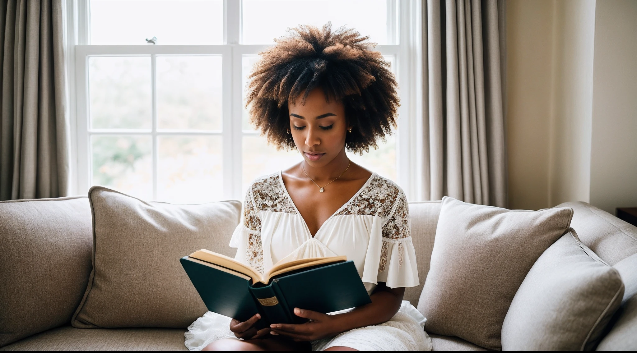 instagram photo,  The elegance of a afro american woman's hands delicately turning the pages of a book, each gesture a reflection of her connection to the written word, Sony A7R III with 50mm f/1.8 lens, diffused window light, storytelling photography.