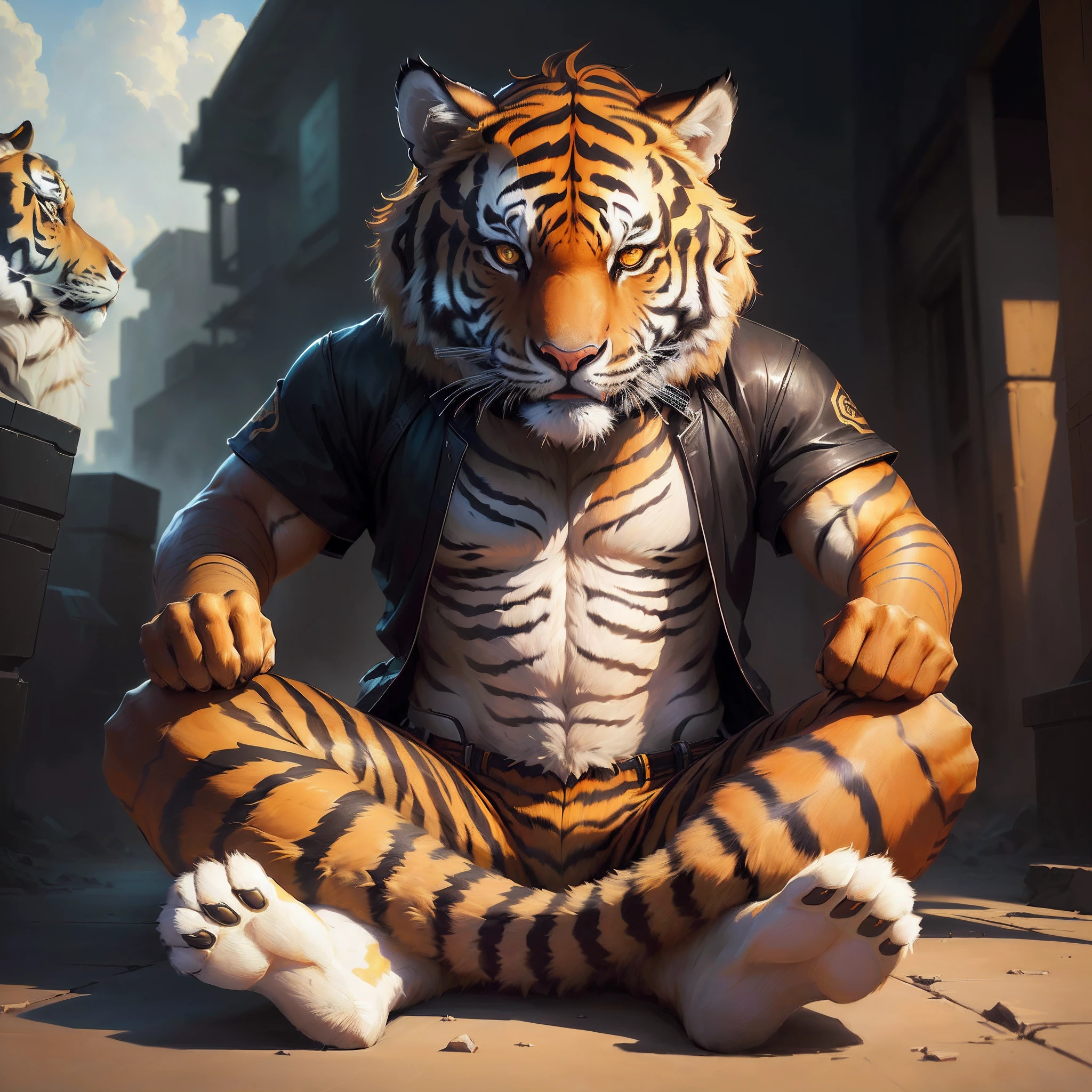There was a tiger coiled on the ground, Anthropomorphic tiger, sacred tiger, Relaxing concept art, digital painting highly detailed, epic digital art illustration, wojtek fus, CGsociety masterpiece, Tiger_beast, ((Tiger)), CGSesociety ), anthro paw pov art, cgsociety 9, highly detailed digital painting,
