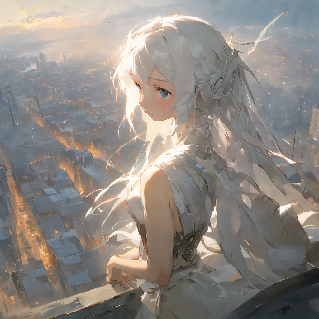 Beautiful Impressionist painting of Final Fantasy White-haired princess overlooking city, fantasy, bright, Dramatic, Beautiful Lighting, Fusion between Jeremy Mann and Jean-Baptiste Monge and Darek Zabrocki, aaron griffin, lots of details, high quality, detailed, refined, beautiful, absurdres, masterpiece