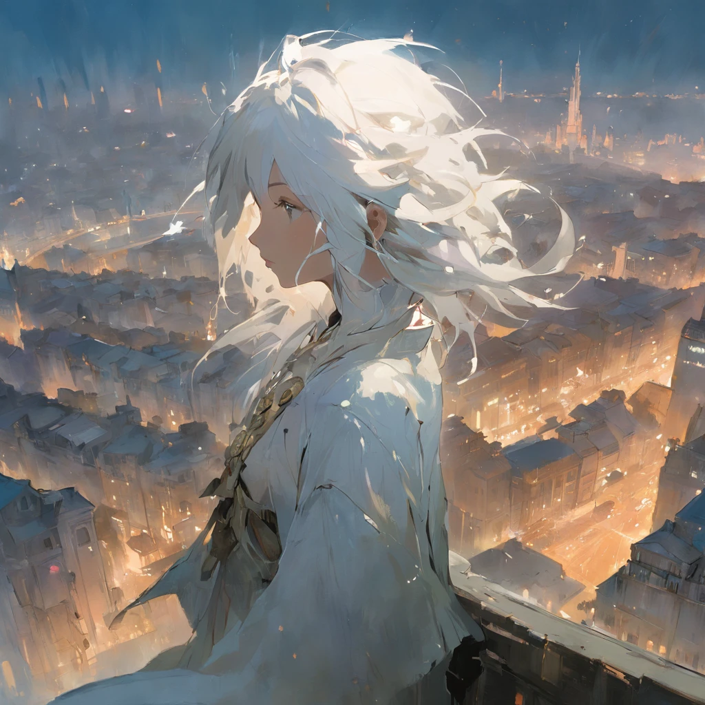 Beautiful Impressionist painting of Final Fantasy White-haired princess overlooking city, fantasy, bright, Dramatic, Beautiful Lighting, Fusion between Jeremy Mann and Jean-Baptiste Monge and Darek Zabrocki, aaron griffin, lots of details, high quality, detailed, refined, beautiful, absurdres, masterpiece