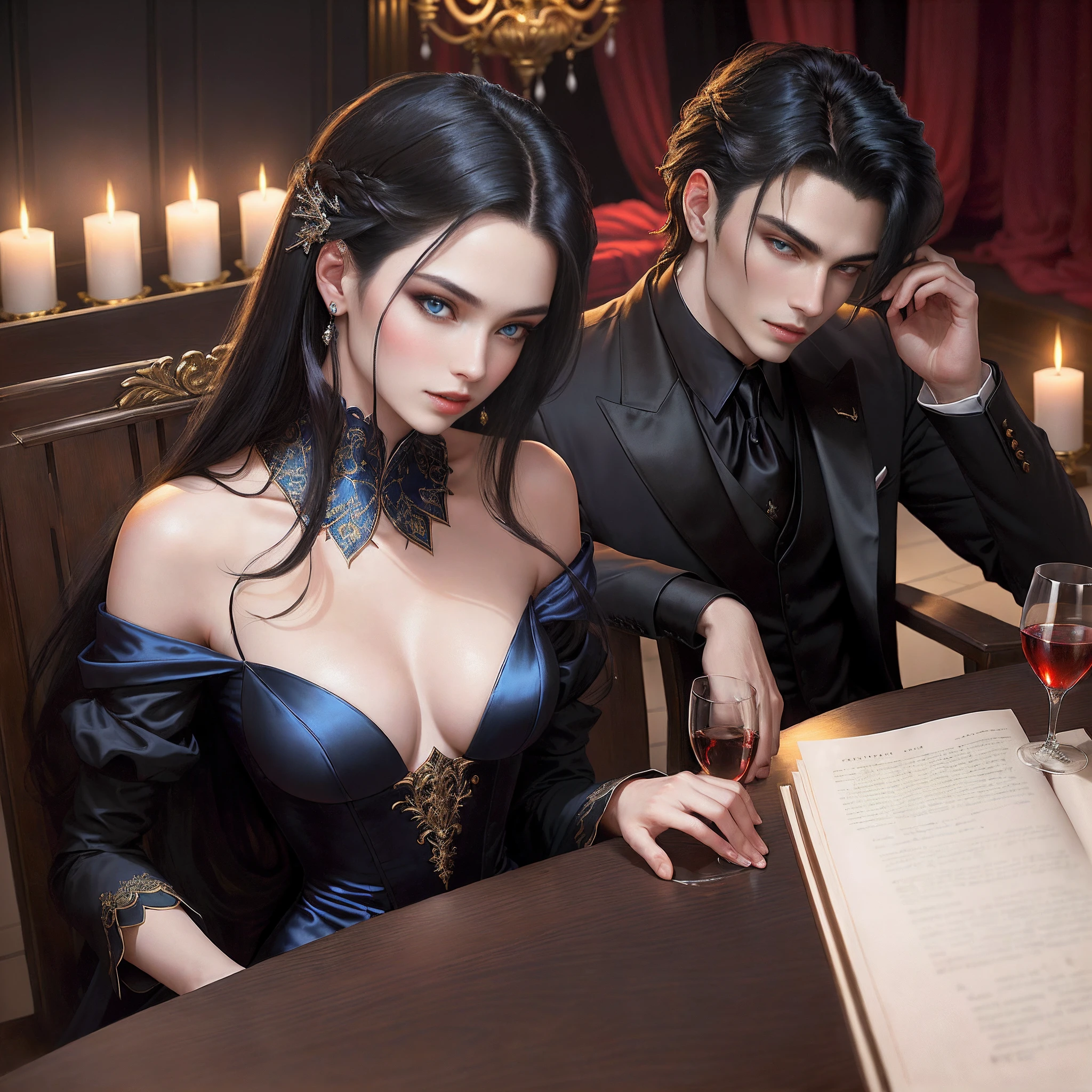 best qualtiy，realisticlying，tmasterpiece，The young and charming beauty of the East and the West，Vampires，ccurateblack hair，The background is at a grand banquet，Wear gorgeous accessories，The eyes are charming and seductive, The deep blue eyes are fascinating，Solemnly and sophisticated，Dress conservatively，A man raises his glass