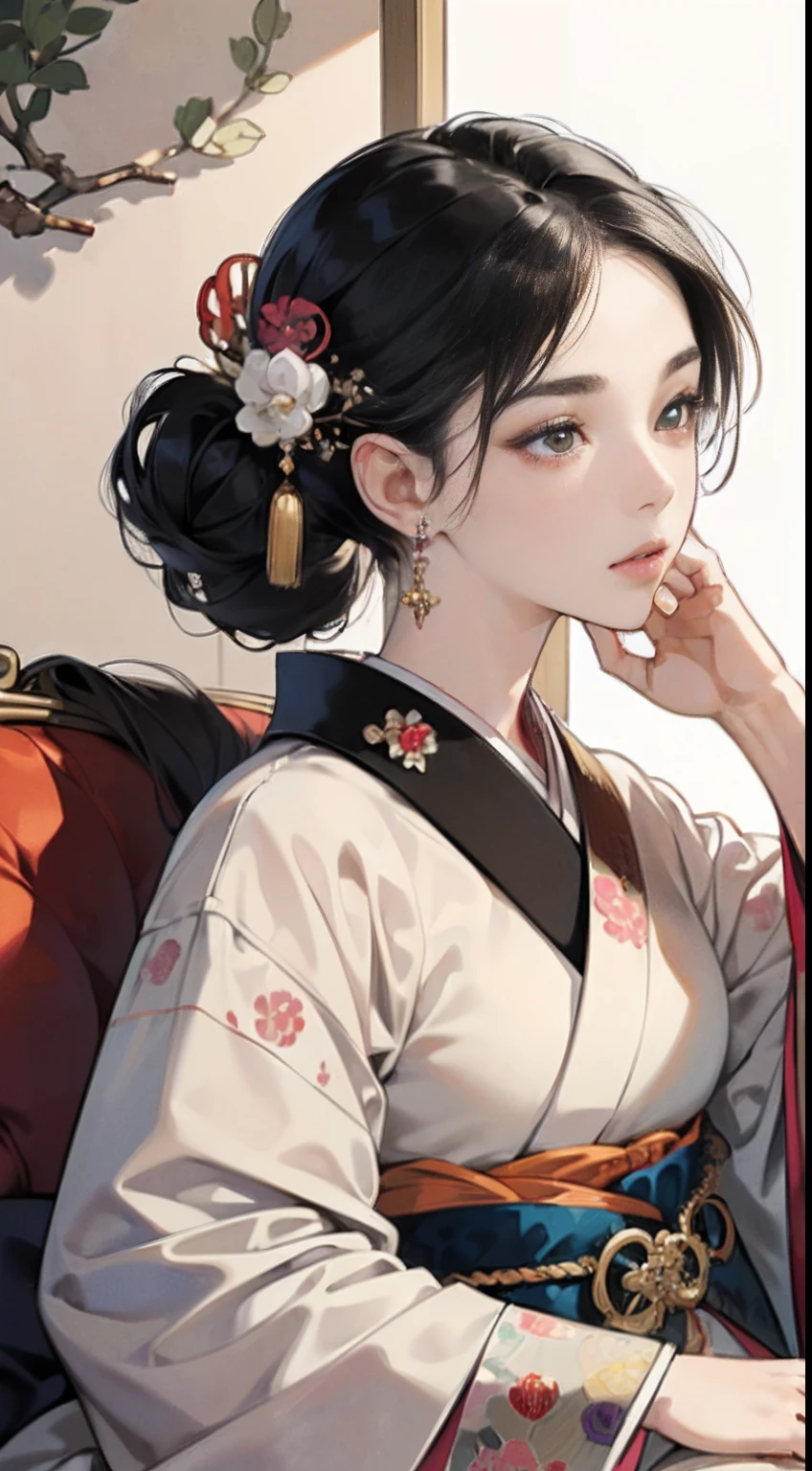 (Masterpiece, Top quality, Best quality, offcial art, Beautiful indulgence: 1.2), (Japanese dress), arms back behind, (Upper body only), (1 girl: 1.3), Japan Woman, Very detailed, Colorful, best detail ((Super detailed)), (Very detailed 2DCG illustration), (((Very delicate and beautiful)) (Seated), Expressionless, Black hair, kanzashi, Earrings