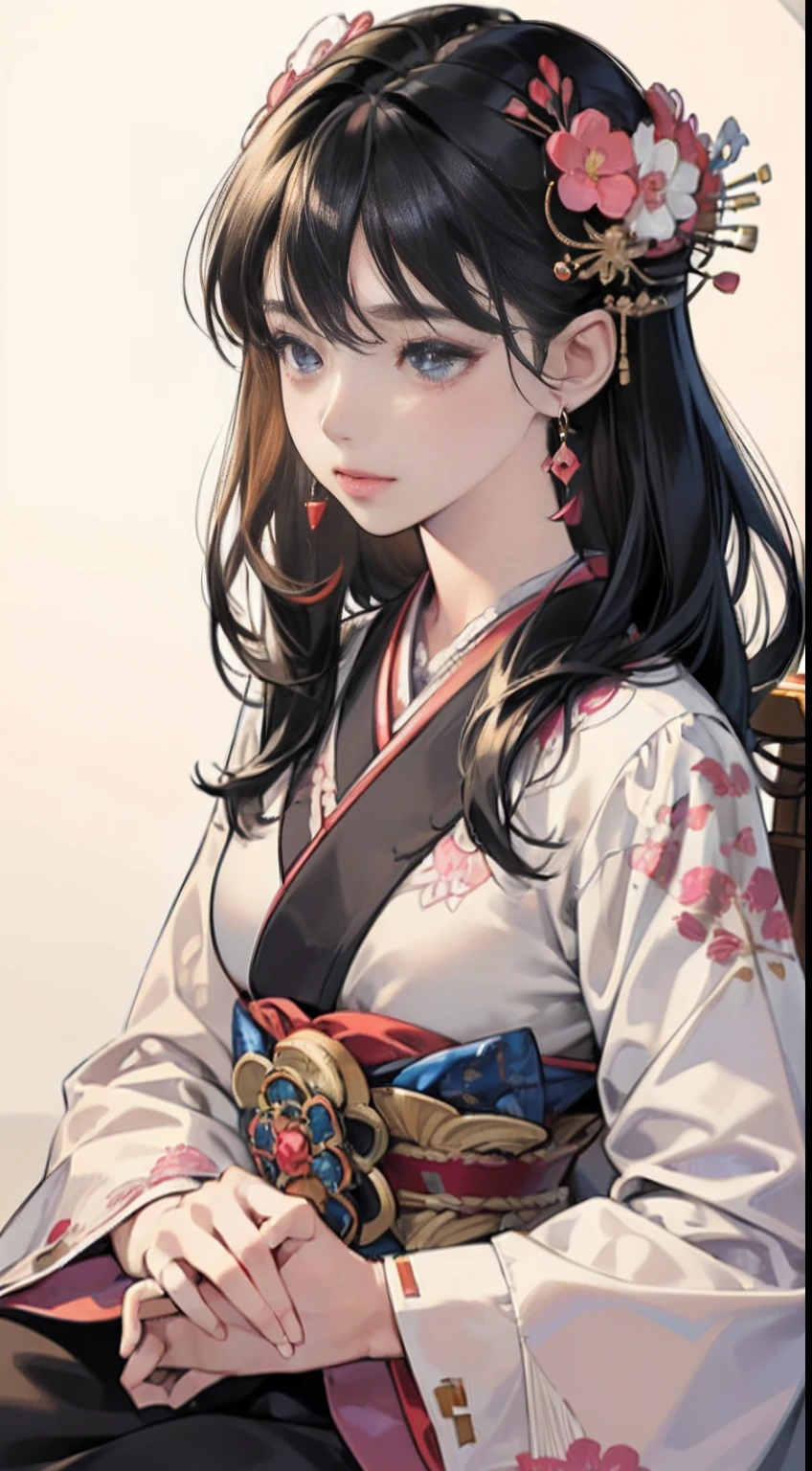 (Masterpiece, Top quality, Best quality, offcial art, Beautiful indulgence: 1.2), (Japanese dress), arms back behind, (Upper body only), (1 girl: 1.3), Japan Woman, Very detailed, Colorful, best detail ((Super detailed)), (Very detailed 2DCG illustration), (((Very delicate and beautiful)) (Seated), Expressionless, Black hair, kanzashi, Earrings