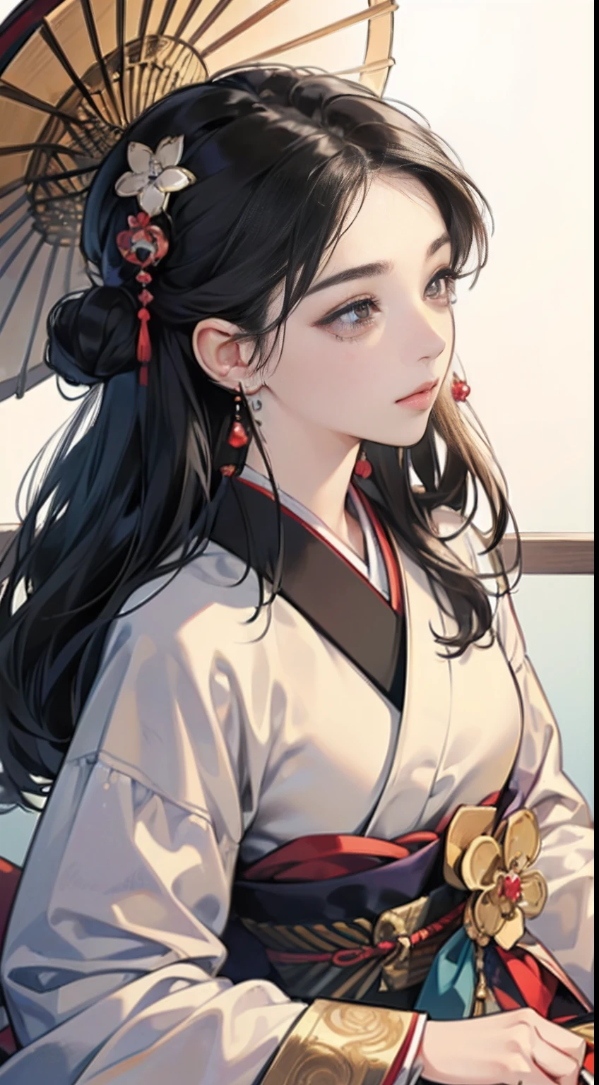 (Masterpiece, Top quality, Best quality, offcial art, Beautiful indulgence: 1.2), (Japanese dress), arms back behind, (Upper body only), (1 girl: 1.3), Japan Woman, Very detailed, Colorful, best detail ((Super detailed)), (Very detailed 2DCG illustration), (((Very delicate and beautiful)) (Seated), Expressionless, Black hair, kanzashi, Earrings