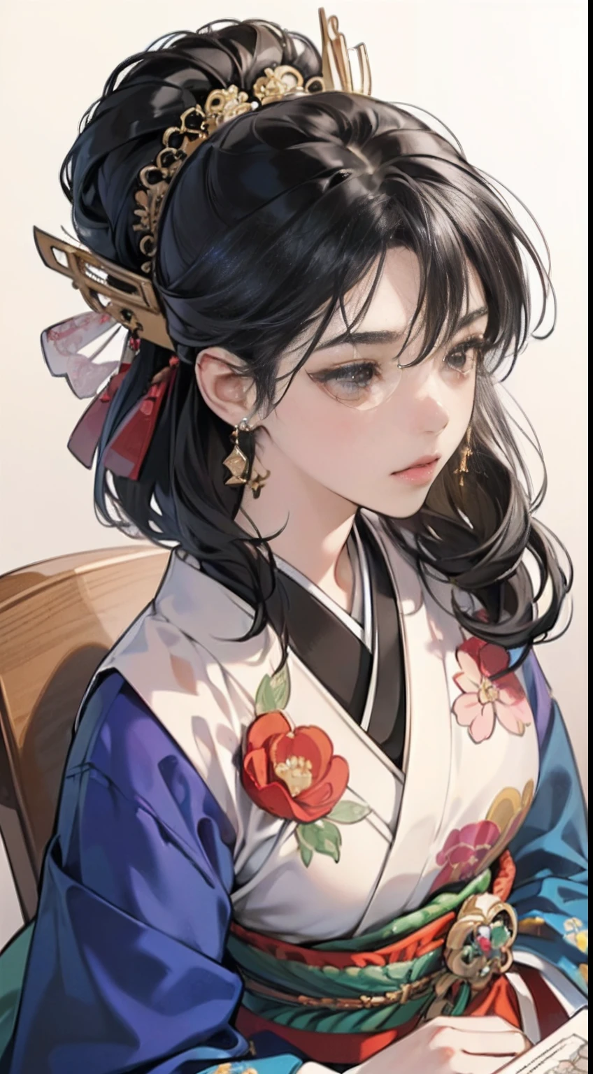 (Masterpiece, Top quality, Best quality, offcial art, Beautiful indulgence: 1.2), (Japanese dress), arms back behind, (Upper body only), (1 girl: 1.3), Japan Woman, Very detailed, Colorful, best detail ((Super detailed)), (Very detailed 2DCG illustration), (((Very delicate and beautiful)) (Seated), Expressionless, Black hair, kanzashi, Earrings