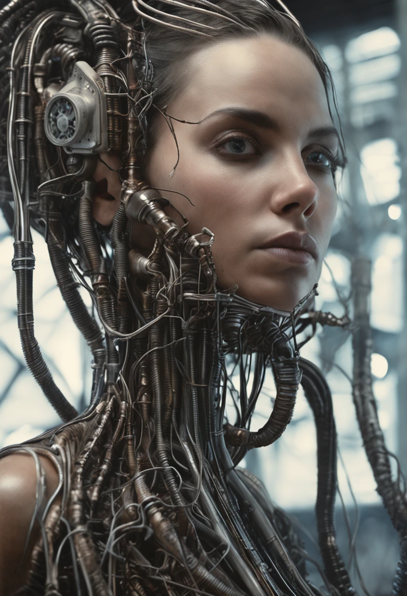 Front portrait of a woman with pretty face, giger, biomechanical body, sinister machine, plugged, pipes and cables, tenebrous, hyperrealistic, ultra detailed, intricate, oil painting by chris cold
