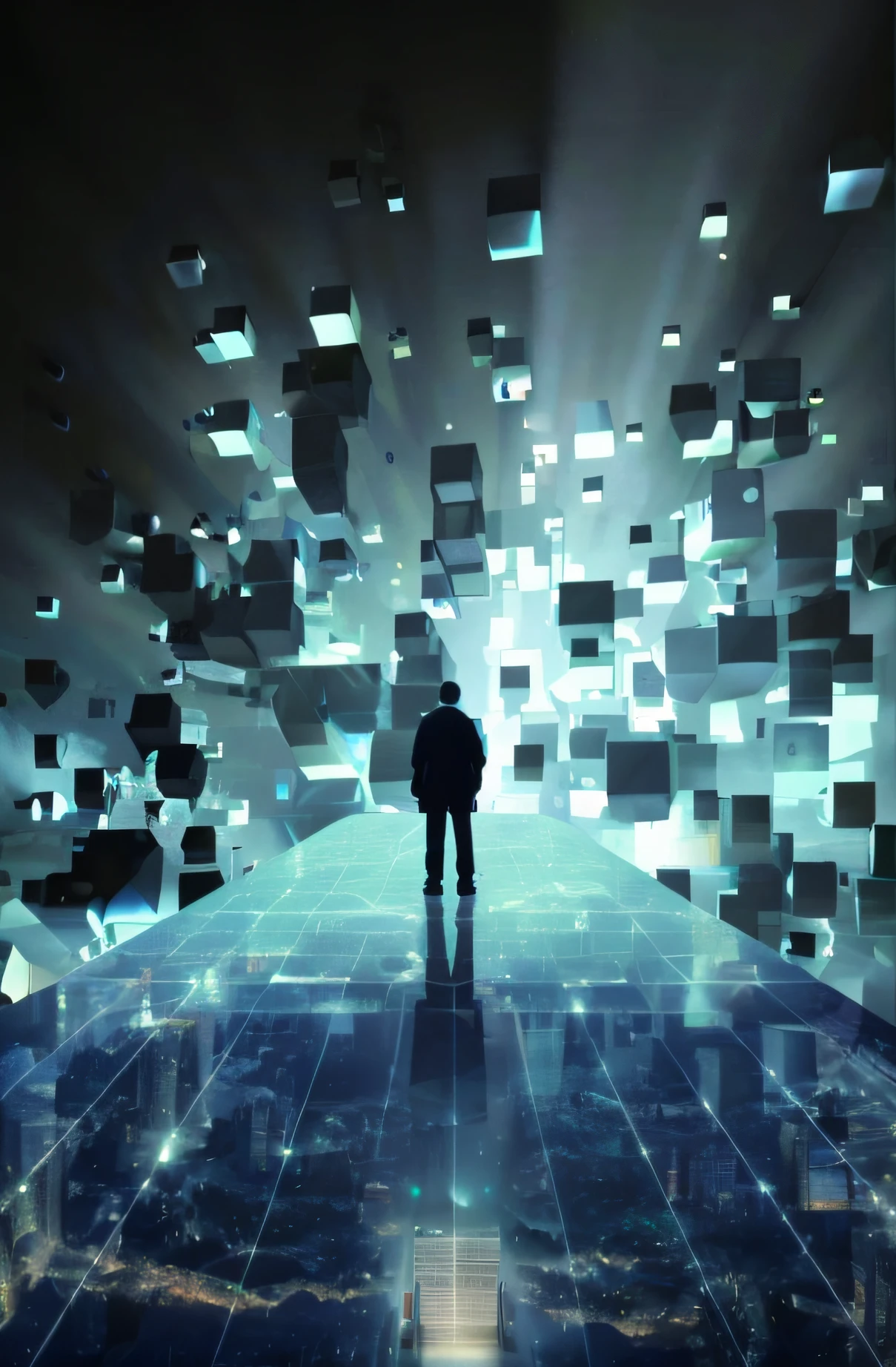 Image of Arafad of a man standing in front of a cube wall, deeper into the metaverse we go, Lit. 'the cube', cube portals, surreal cyberspace, retrofuturist liminal space, matte painting of human mind, projection mapping, holographic projections, the encrypted metaverse, data holograms, a crystalline room