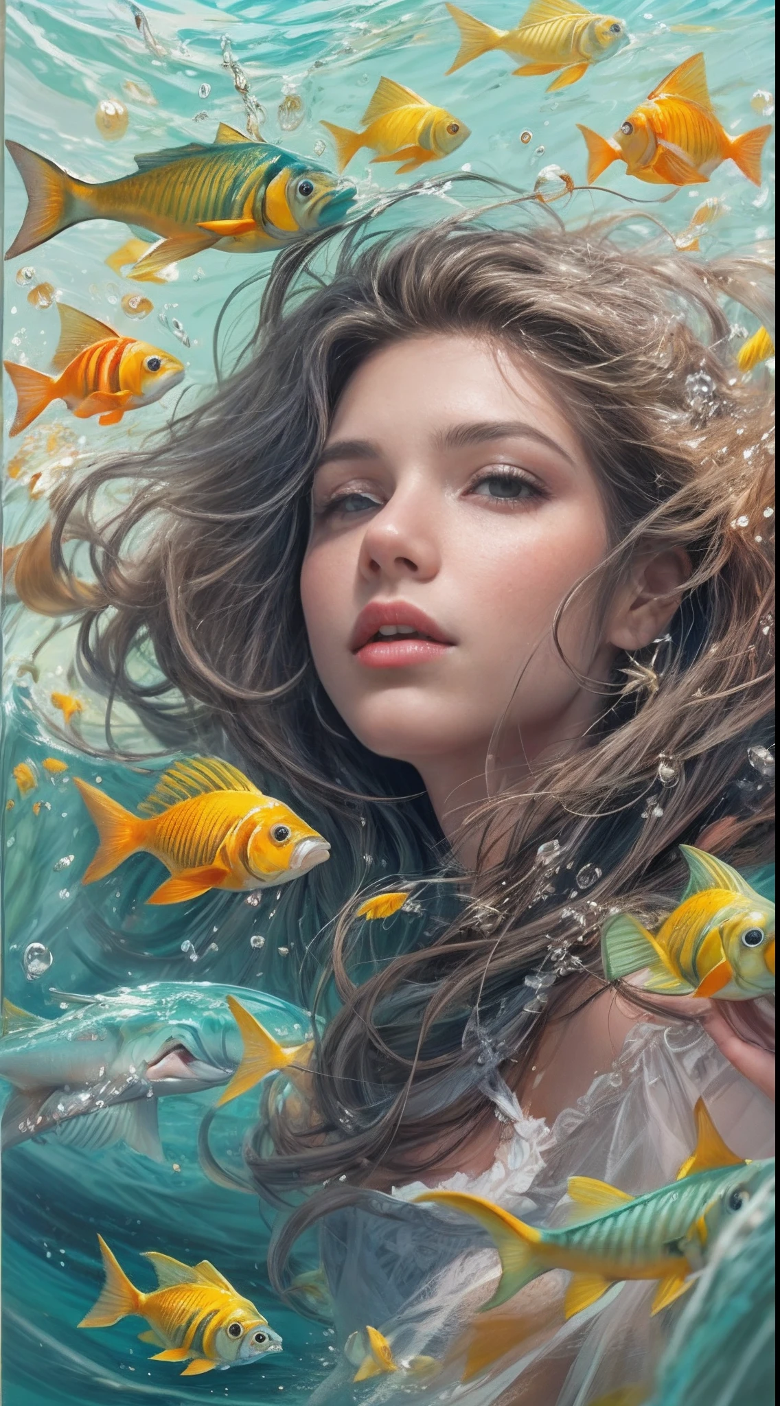 Vista de longitud completa,Vista de cuerpo completo, 20 yo, 20mm, (sirena :1.2), adulto, Buen, Cara hermosa, (Flotando bajo el agua),lingerie,Paisaje submarino profundo, rodeado de peces de coral y caballitos de mar, Digital Illustration Art, Hermoso cabello largo turquesa que fluye,    Rostro angelical,maquillaje facial,  orejas puntiagudas,  (senos grandes), Pezones sobresalientes, cintura abierta, hombros abiertos, barriga abierta, barriga muscular, ombligo, Muslos Tichk, Escalas de Perlamutr, Top de seda blanca, 16k, (Renderizado de ultra alta calidad,fantastical realism, realista, Kinematic,intrincado, ultra detialed, Fondo detallado, alumnos detallados,cabello detallado), [hermosas palmeras, Hermosos dedos],