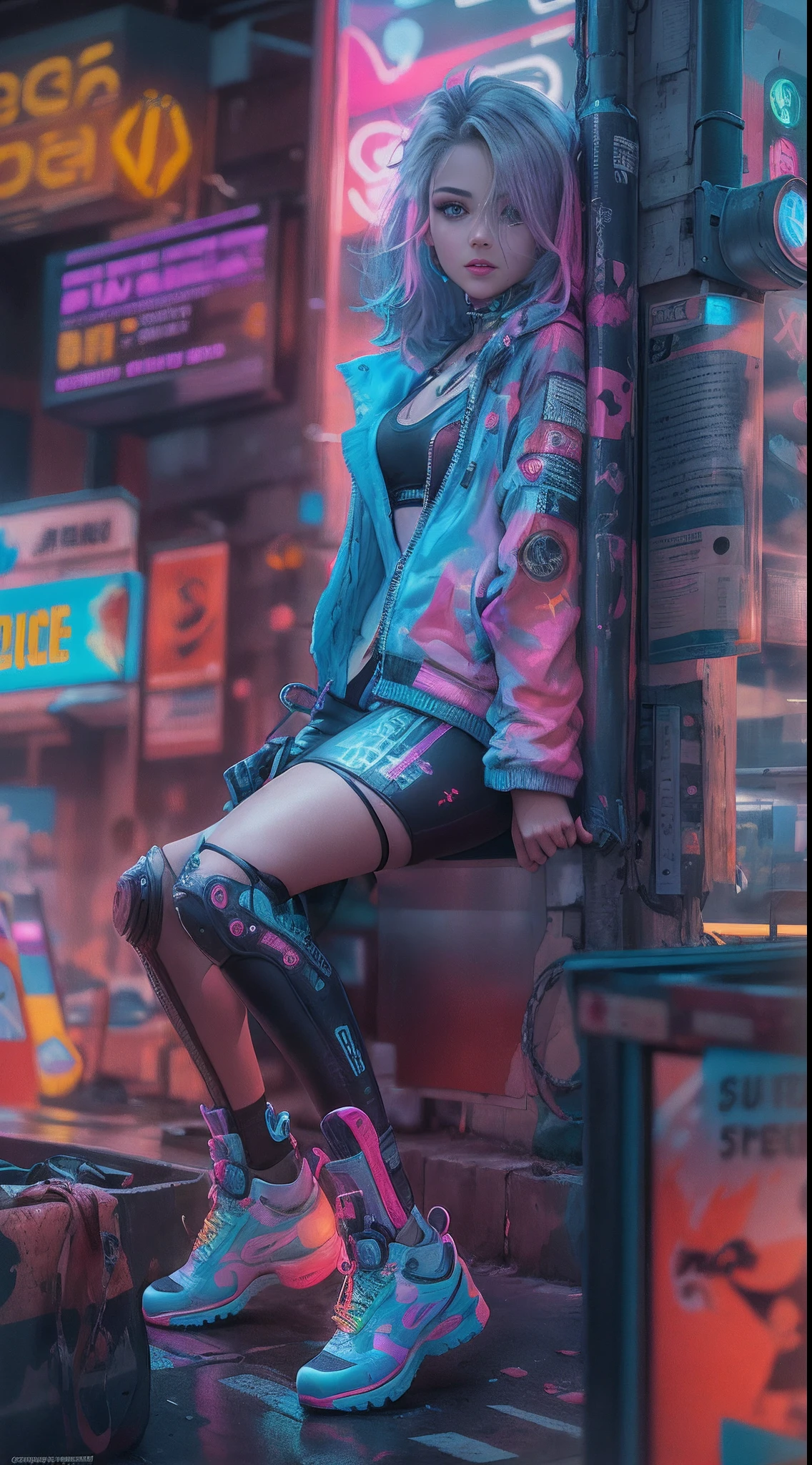 Obra maestra, La mejor calidad, 1 chica cyberpunk, Toma de cuerpo completo, De pie frente a la motocicleta, Mirando al espectador, Confident cyberpunk girl with daring expression, Conjunto pop inspirado en Harajuku, Colores y patrones llamativos, Accesorios llamativos, Peinado moderno e innovador, Maquillaje vibrante, Paisaje urbano deslumbrante cyberpunk, Rascacielos, neon signs, Luces LED, Esquema de colores brillantes y vivos, anime, illustration, Textura detallada de la piel, Textura detallada de la tela, Hermosa cara detallada, Detalles intrincados, Ultra detallado.,beautiful fine hands,