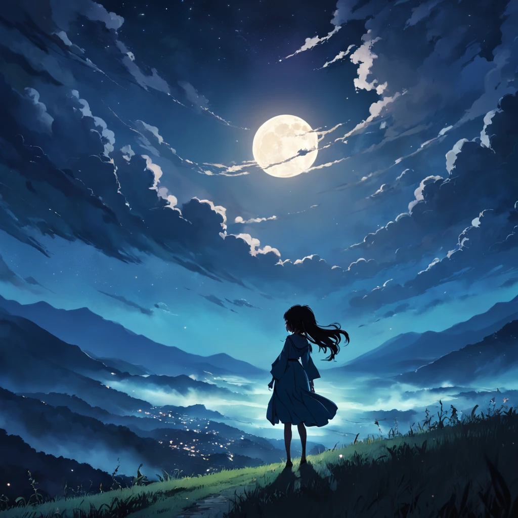masterpiece, top quality, night, hill, clouds, full moon, long hair, woman, silhouette, firefly.