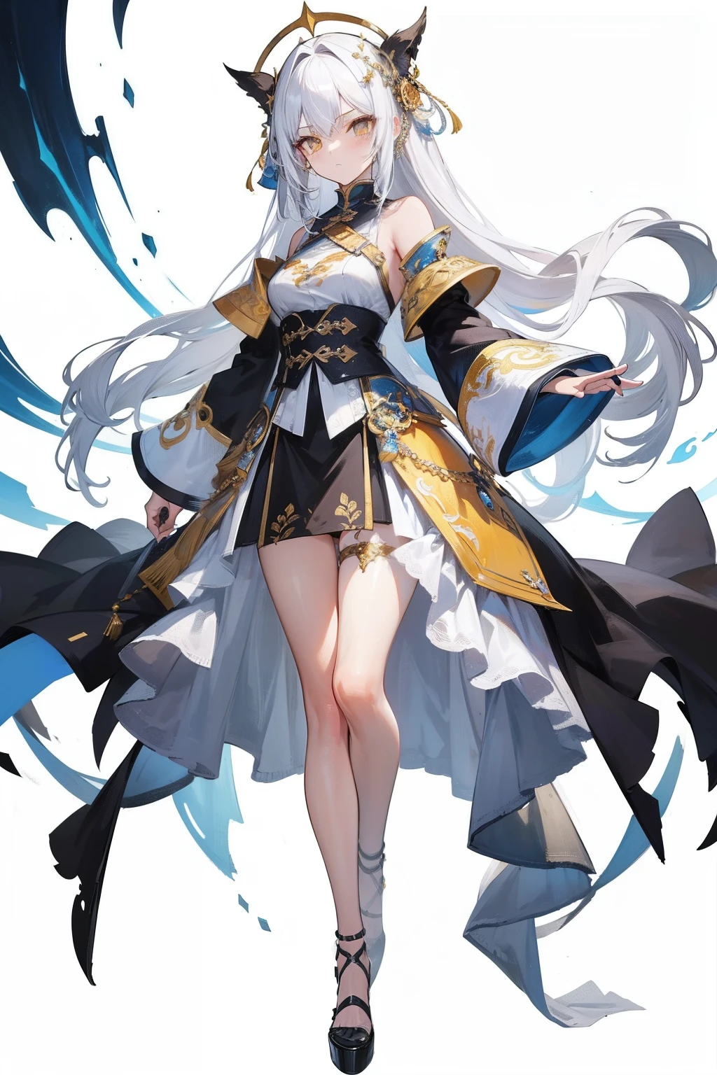 (hoang lap,A high resolution,ultra - detailed,distinctive),1girll,Full body standing painting,Beast Girl,Plain white background,White hair,Yellow pupils,mid hair,Has sideburns