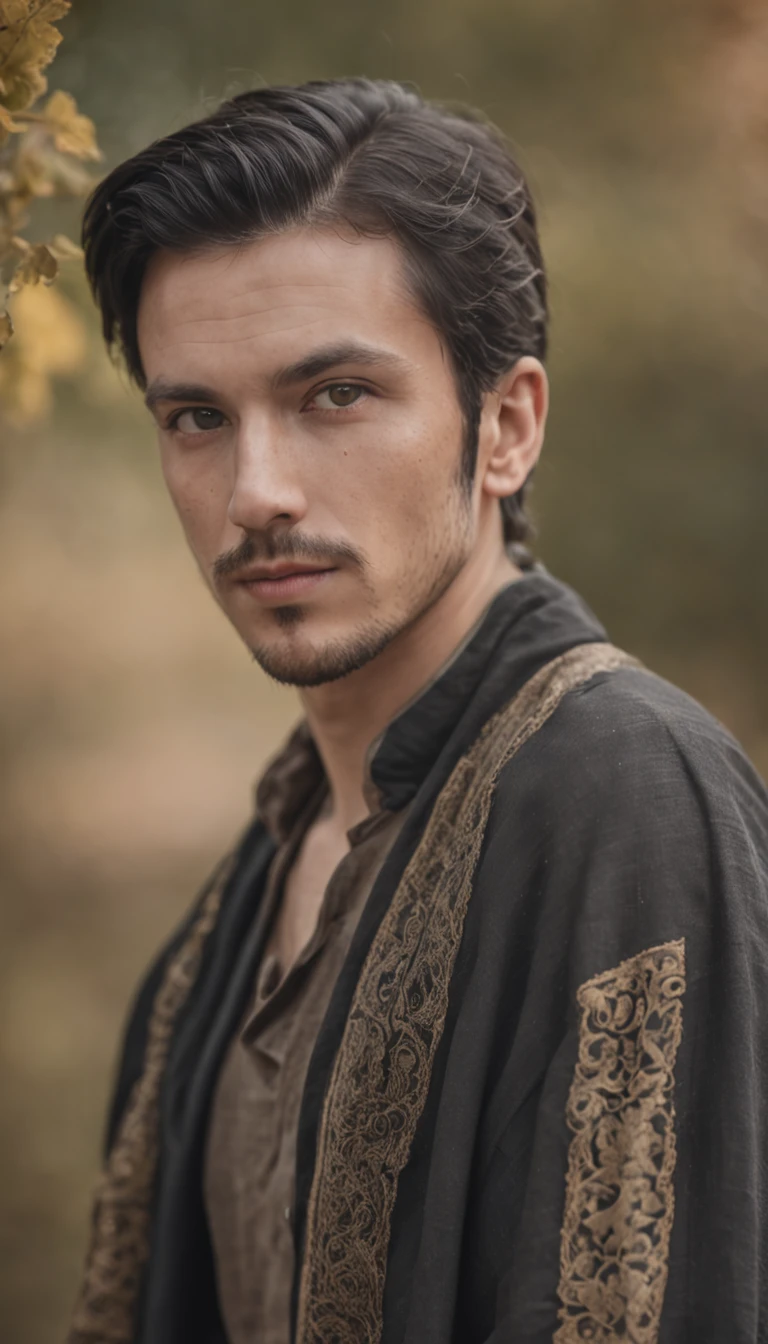 25 age old,Stoic man with short black hair, Green eyes and short beard, Driss as a merchant of the time, Find purpose in life