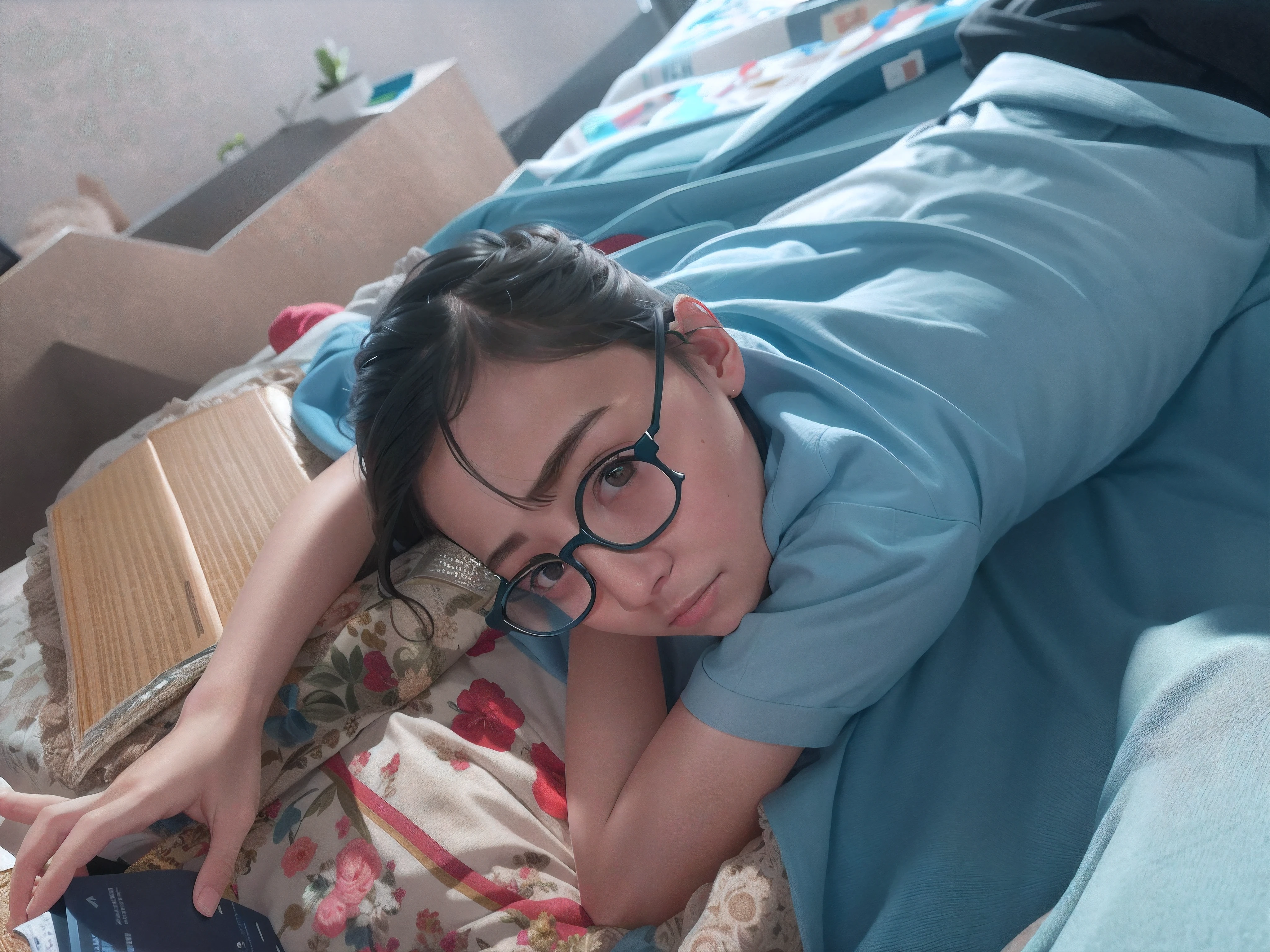 There is a young woman lying on a bed with her hand on her chin, sentada em seu quarto, resting after a hard fight, Absorto em pensamentos, with a sad expression, captured with sony a3 camera, she has a distant expression, Tomado com Sony Alpha 9, imagem de qualidade muito baixa, lost in thought, Malika Favre