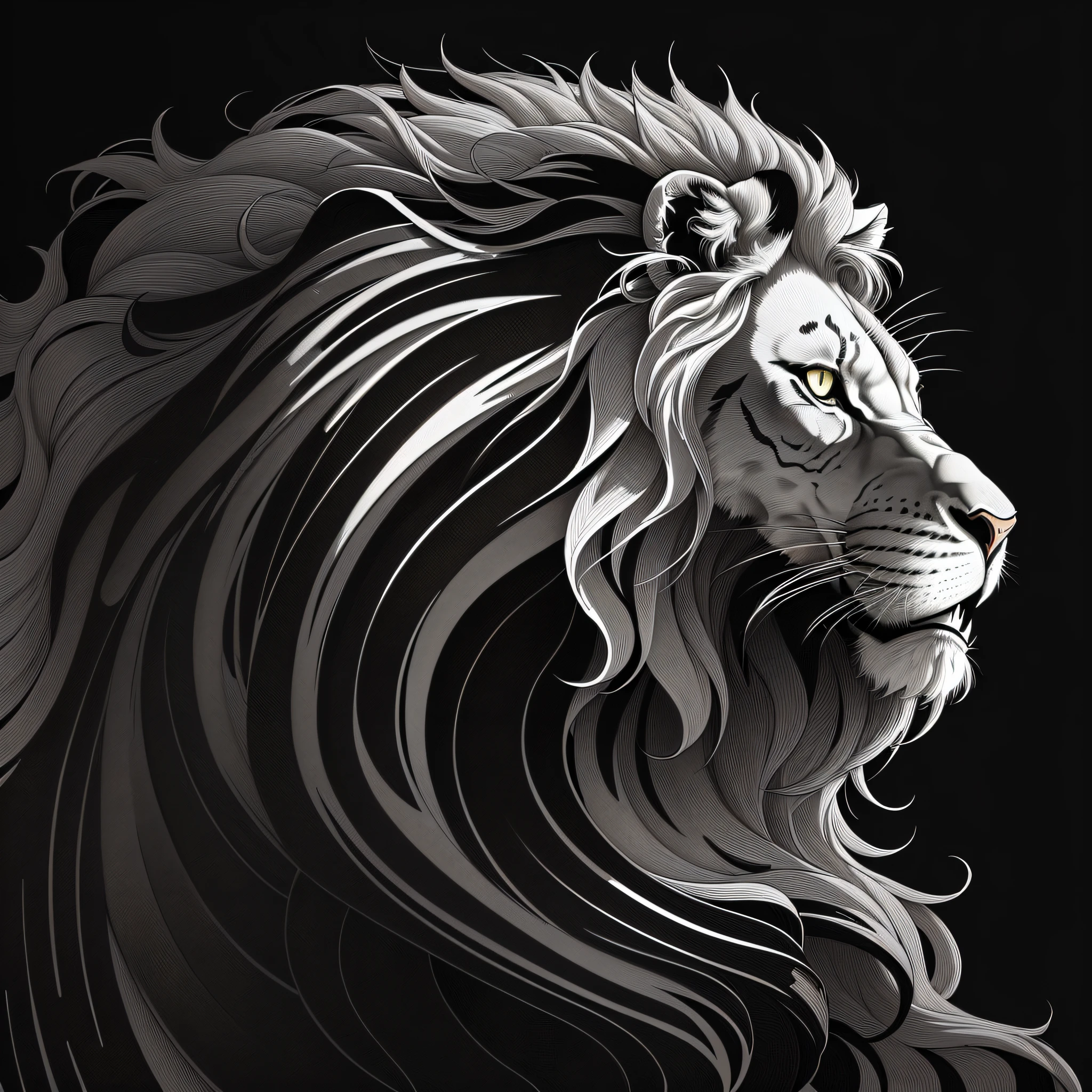 A black and white drawing of a lion with a swirling mane, Arte vectorial con lineas rectas en blanco y negro, with the mane of a lion, line art illustration, Arte lineal en blanco y negro, the mane of a lion, high contrast illustration, Black line art on white, Line vector art, Ilustraciones de alto contraste, thick vector line art, vector line art