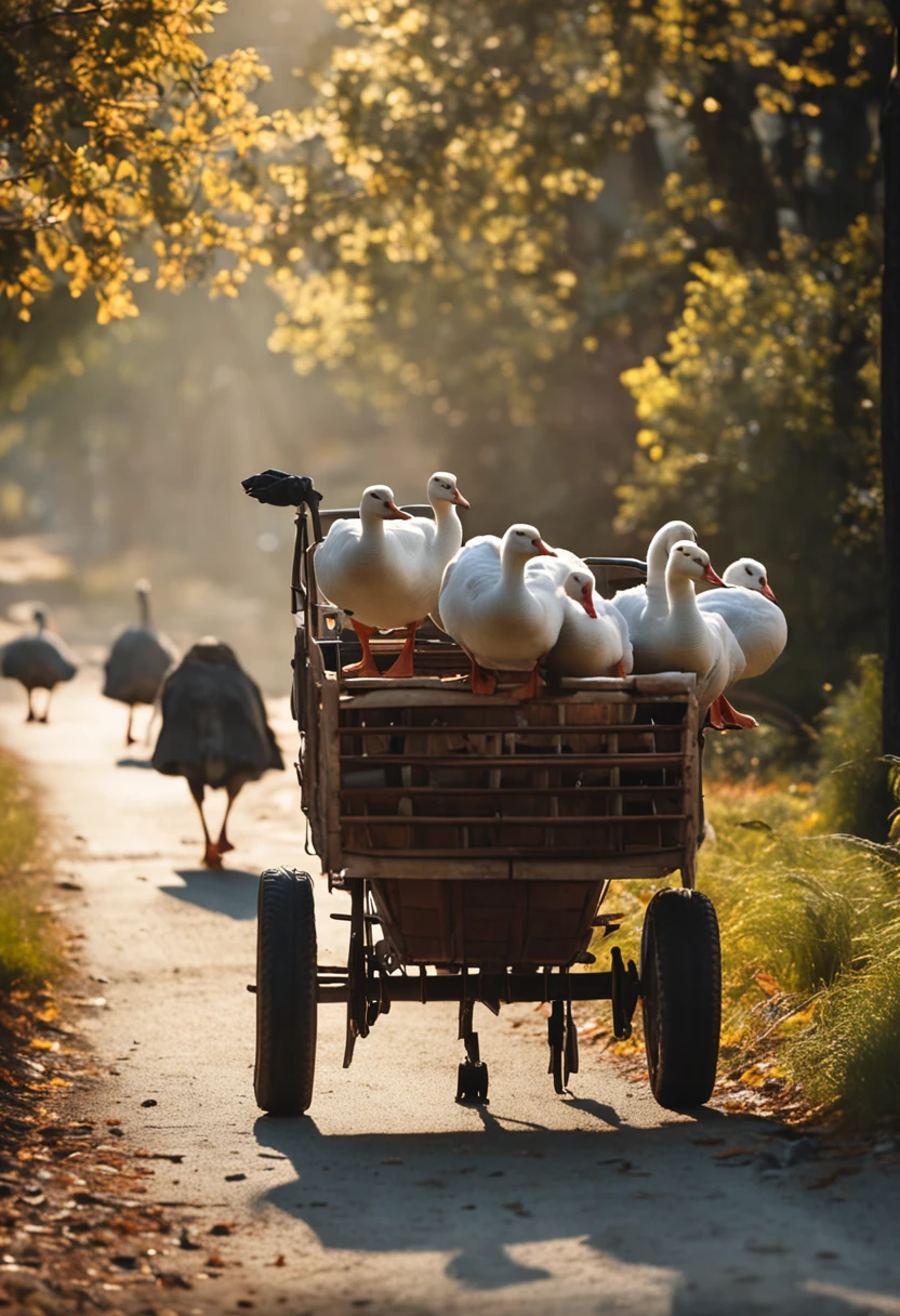 5 geese pulling carts