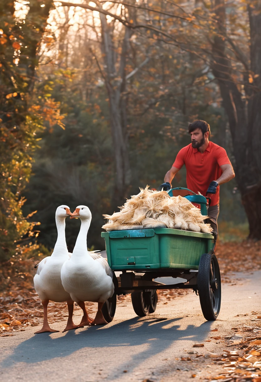 5 geese pulling carts