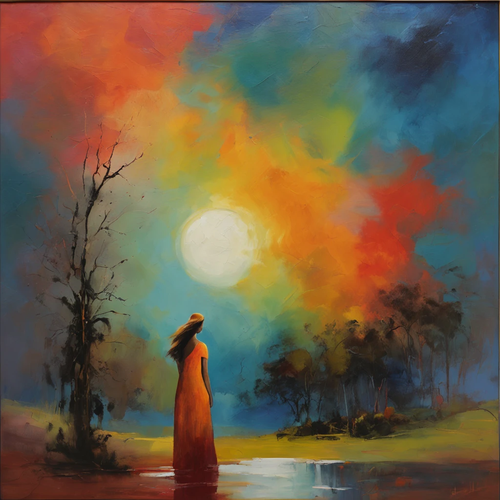 masterpiece, top quality, night, hill, clouds, full moon, long hair, woman, silhouette, firefly.