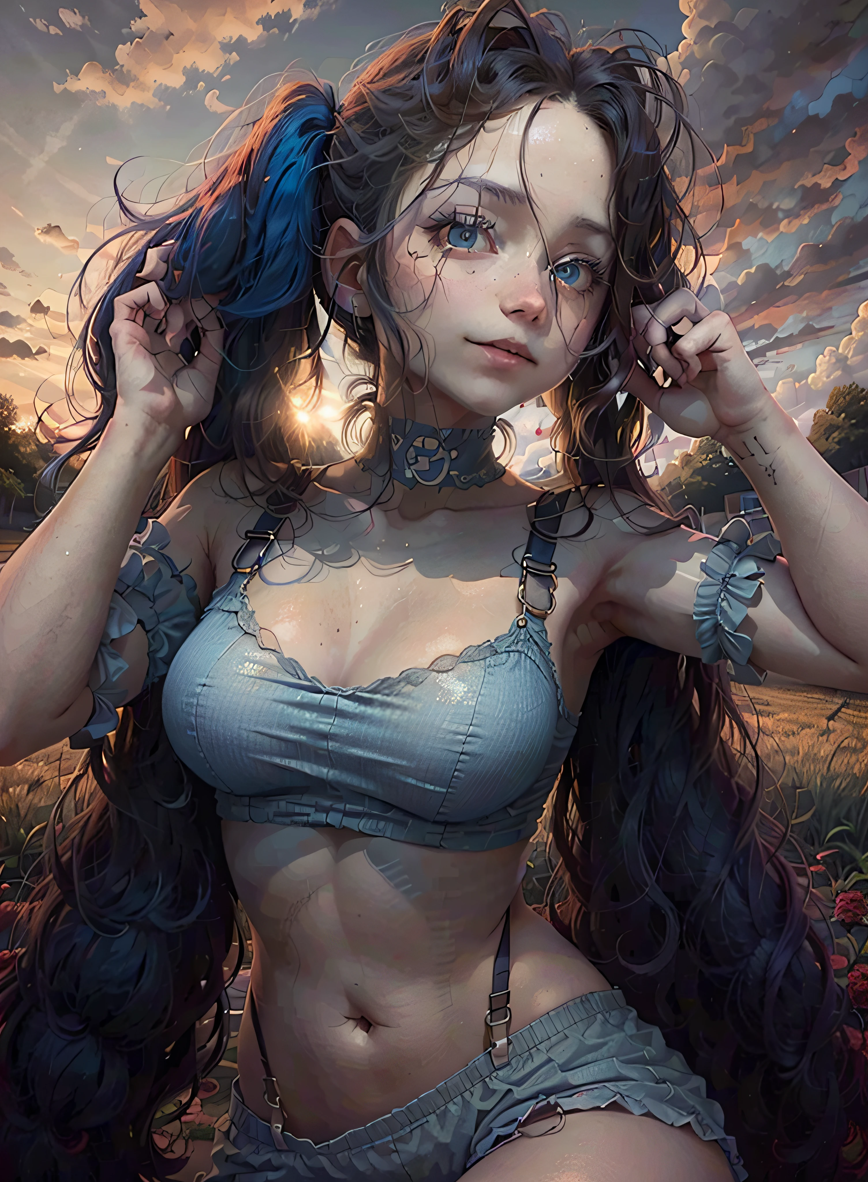 Long hair suspender girl standing in front of field, 8k, (red colour|amarelo:1.3)the hair|pigtails, blue color eyes, ssmile,a digital rendering, Female protagonist,facing at camera, Cinematic lighting, depth of fields, Rich in layers, Works of masters