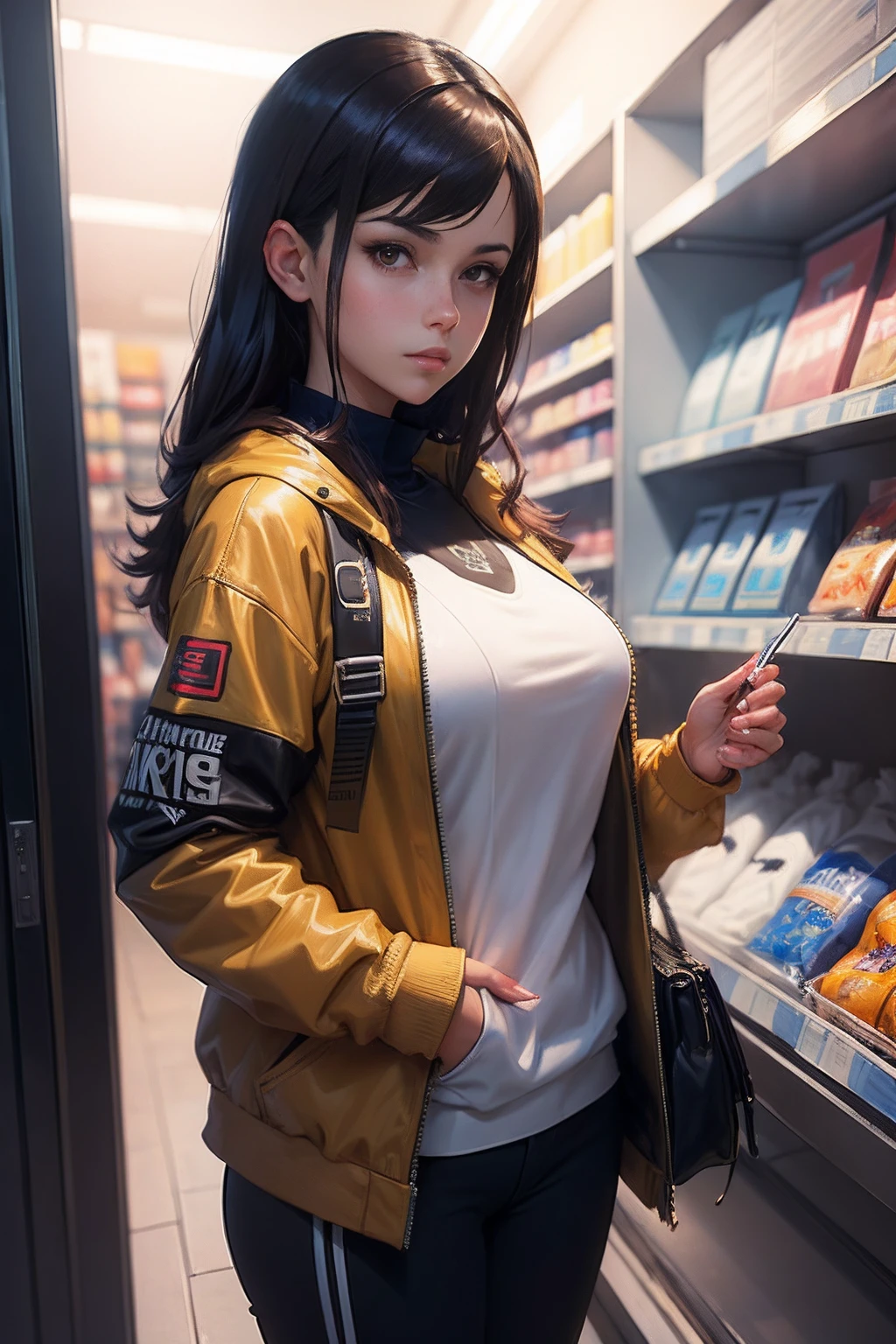 A ultradetailed beautiful painting of a stylish girl wearing stylish streetwear in a convenience store, Oil painting, by Ilya Kuvshinov, Greg Rutkowski and Makoto Shinkai, heavenly beauty