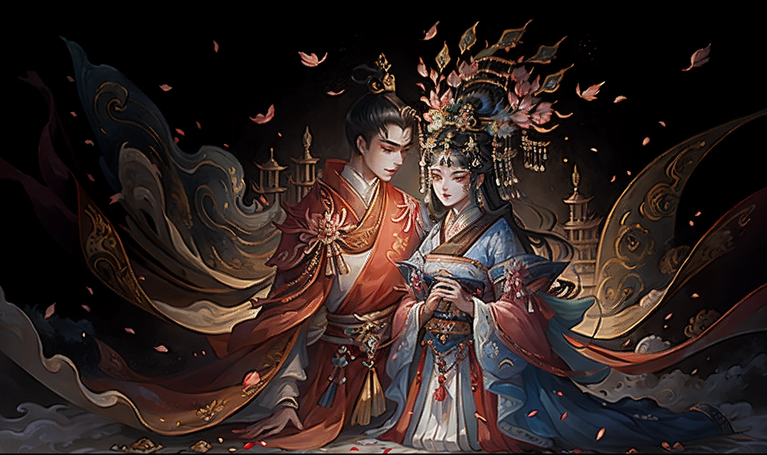 An ancient Chinese painting, ancient chinese background, Peach Blossom Forest Red wedding dress,a young man and a woman,rays of sunshine, tmasterpiece, super detailing, Epic composition, hyper HD, high qulity, extremely detaile, offcial art, 统一 8k 壁纸, super detailing, 32k -- v 6