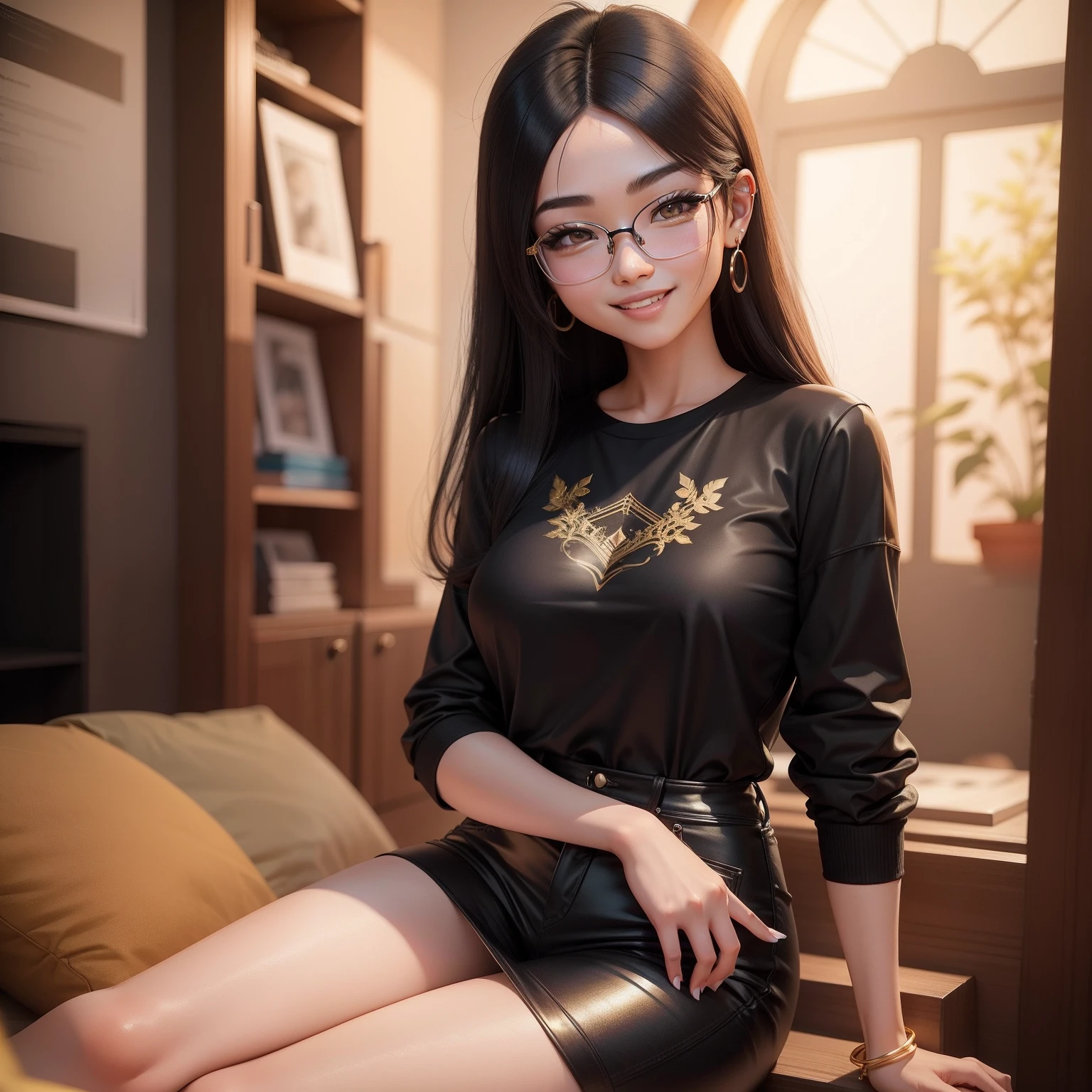 20 years old Asian girl,estilo cartoon 3d,cabelos preto e longos,gold-wire glasses,Lovely smile