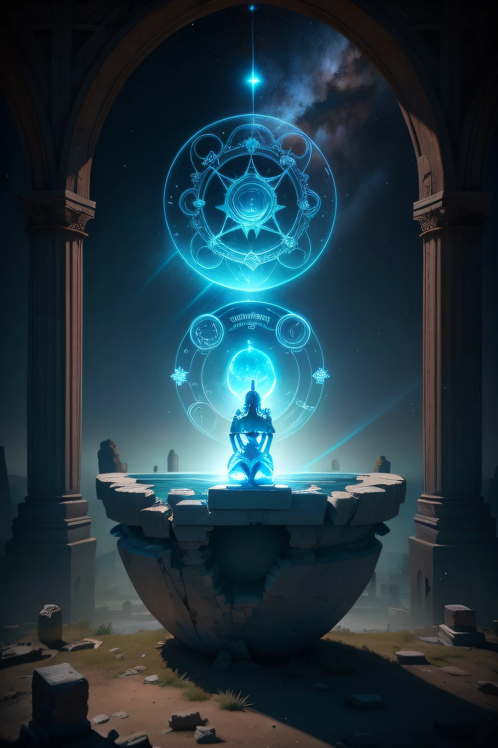 /imagine prompt: Amongst ancient floating ruins in the sky, a celestial oracle meditates, their mind connected to cosmic energies, offering glimpses into past and future, a scene of mystery and cosmic wisdom, 3D, surreal rendering with translucent effects, --ar 16:9 --v 5