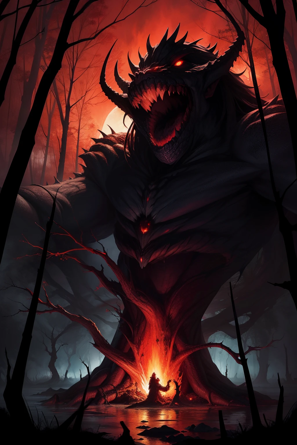 monstrous tree, large toothed mouth, glowing red eyes, amid dark swamp