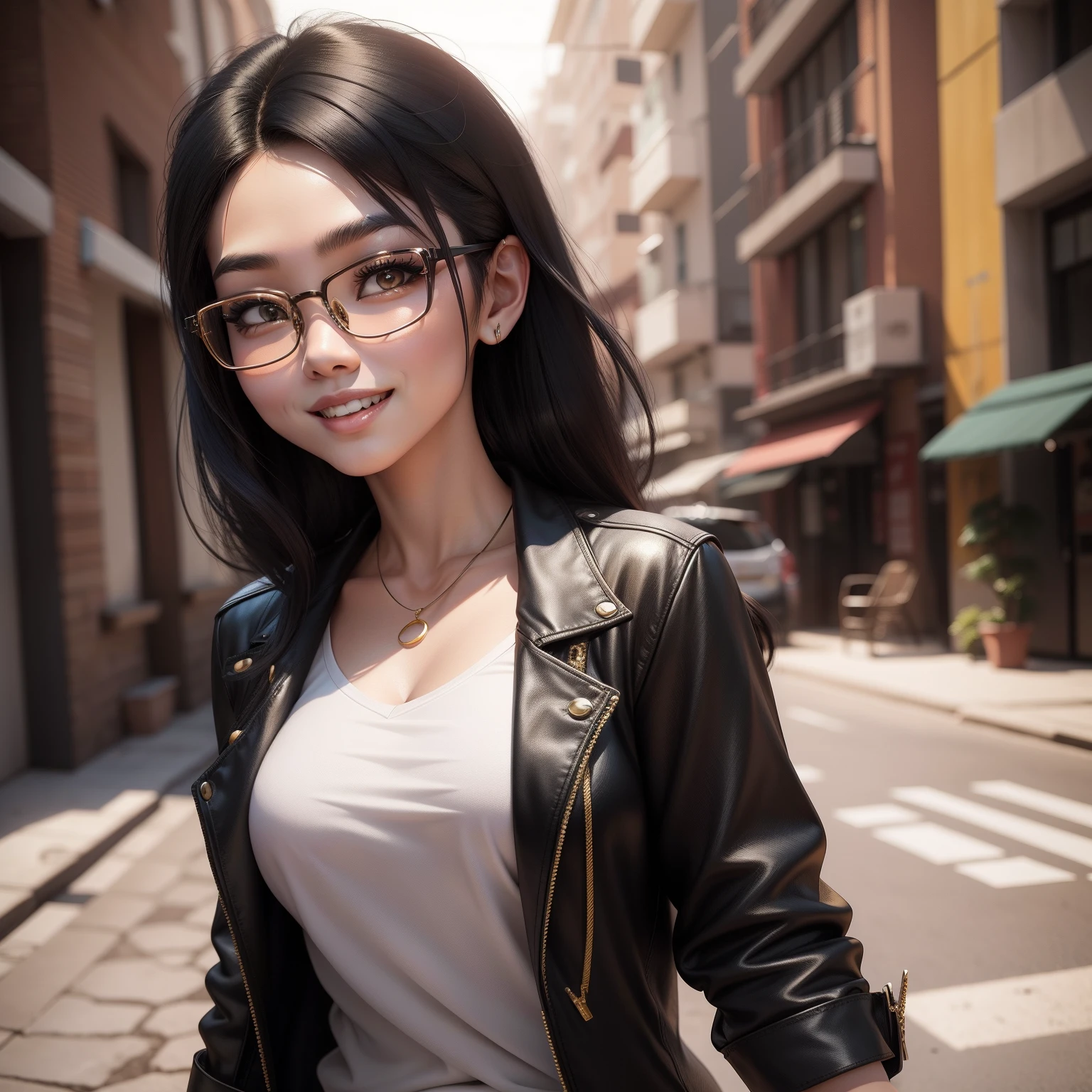 20 years old Asian girl,estilo cartoon 3d,cabelos preto e longos,gold-wire glasses,Lovely smile