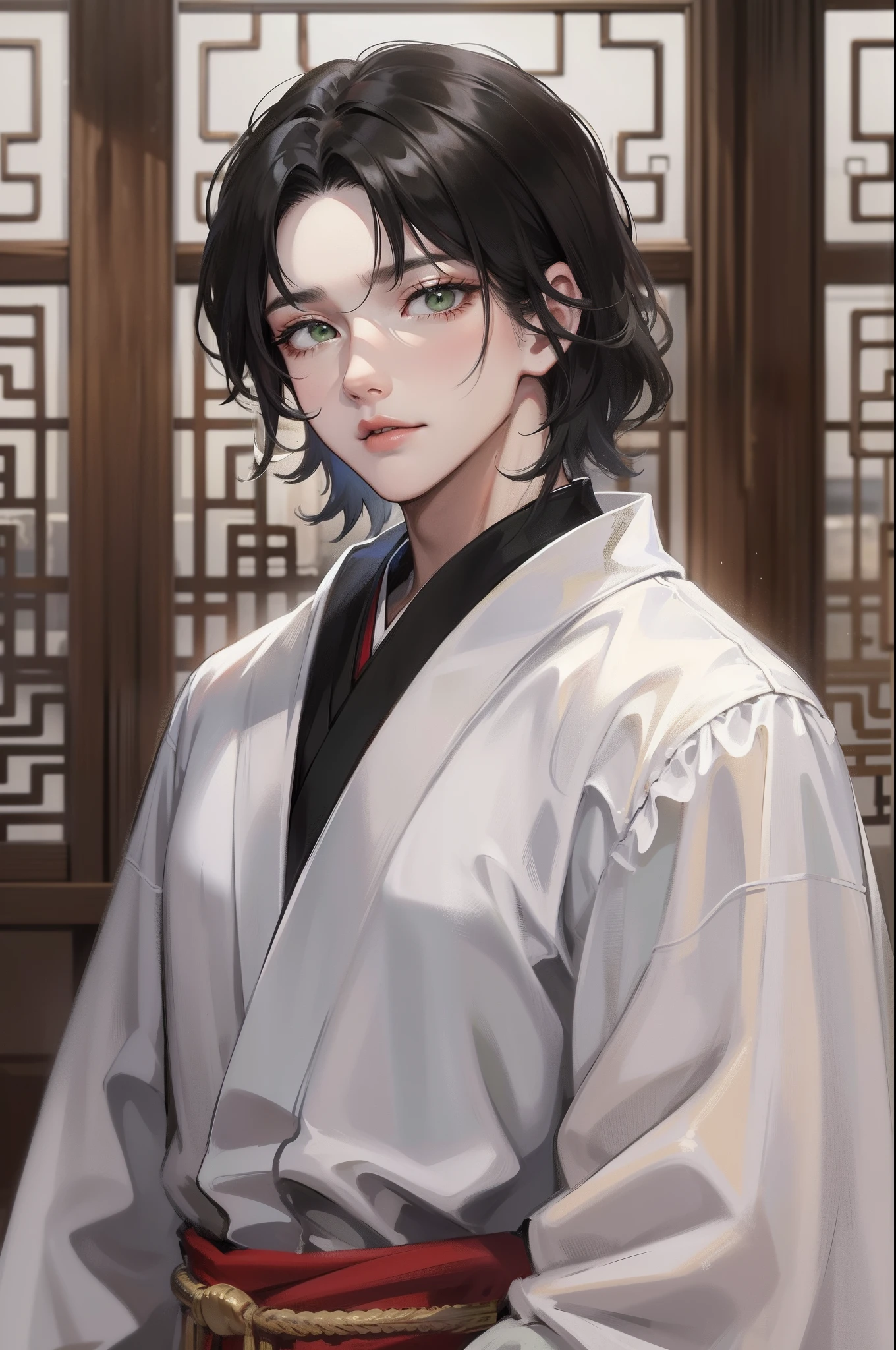 (1 man),Black color hair,Green eyes,Wearing a simple white robe in ancient Chinese style,The background is the courtyard,A haughty expression,facial closeups